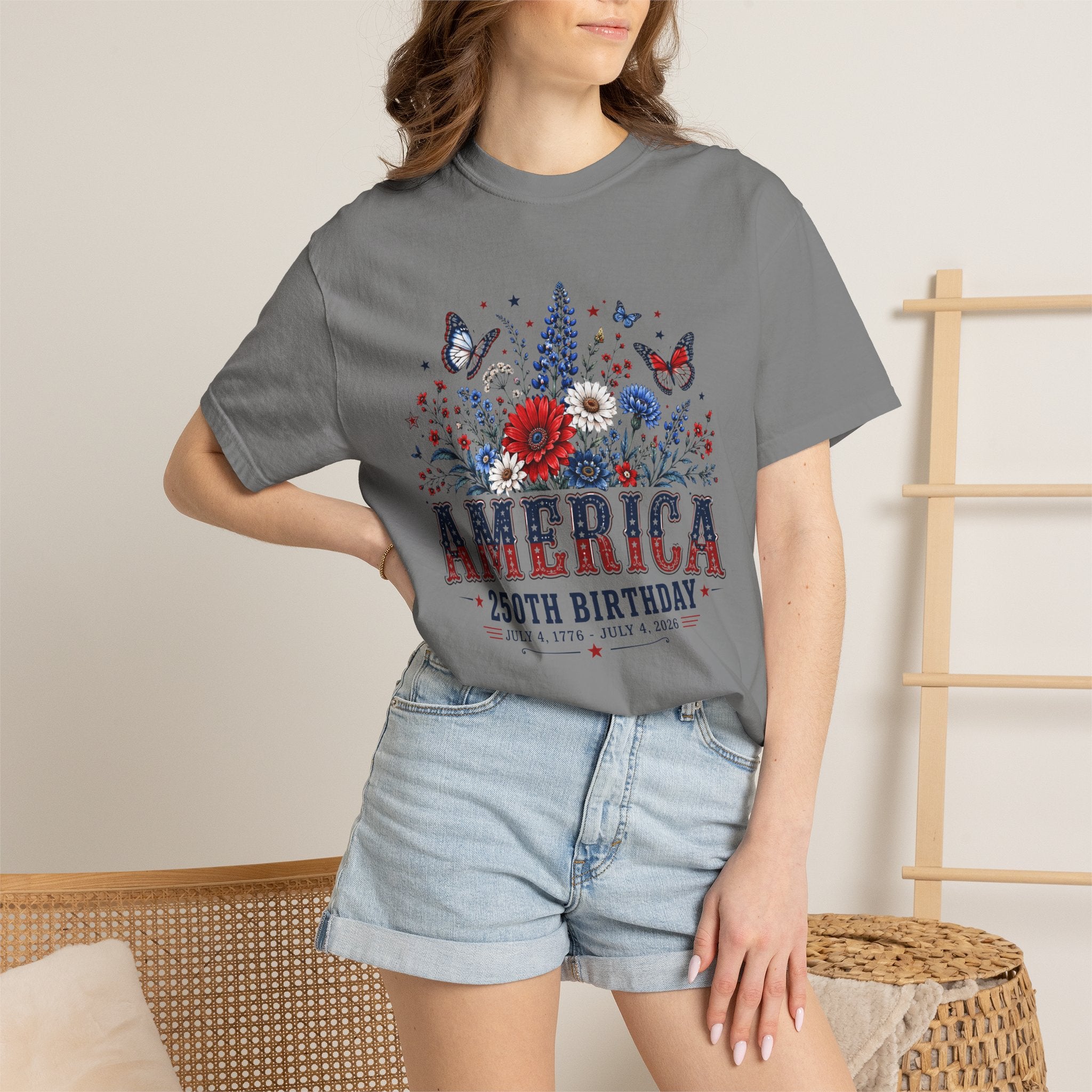 America 250th Birthday T-Shirt — Patriotic Floral July 4th Tee