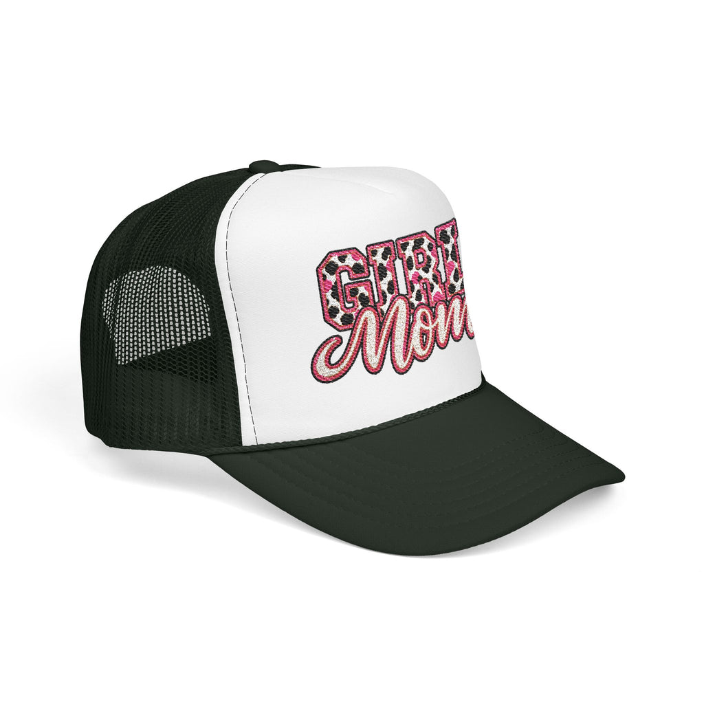 Girl Mom Leopard Foam Trucker Hat — Pink Glitter Script Mesh Cap