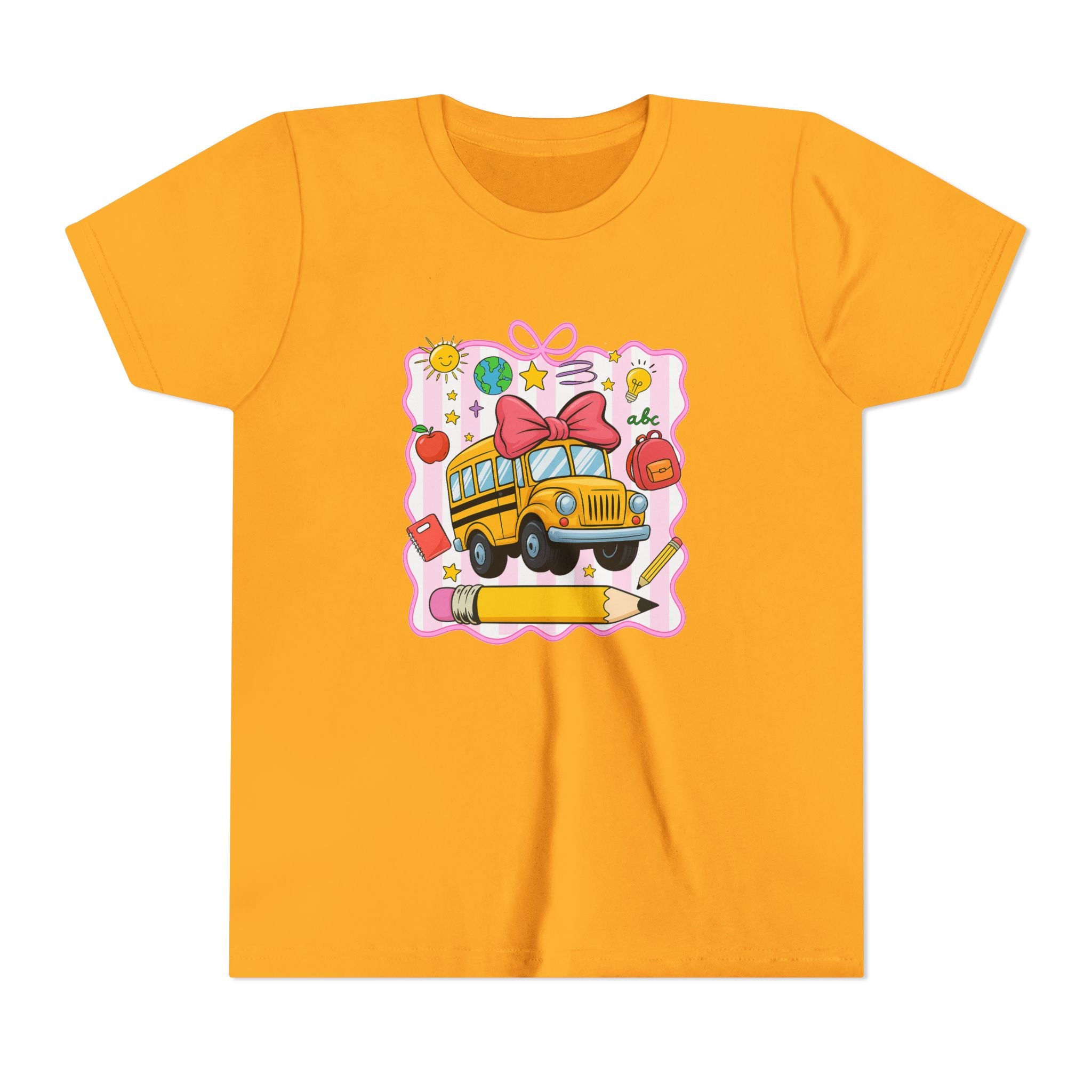 Youth Tee — Cute School Bus Back to School Kids Shirt (Pencil, Apple, Sun)