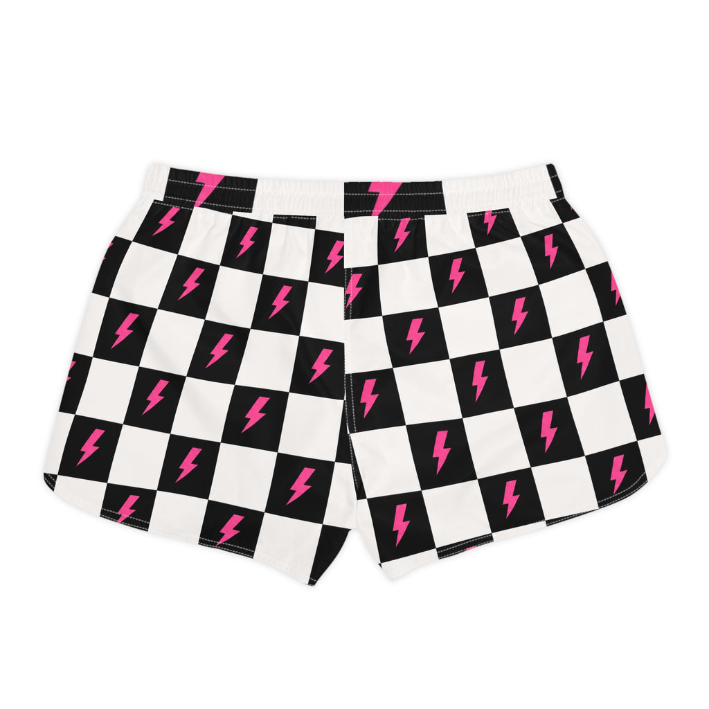 Checkerboard Lightning Bolt Women's Casual Shorts — Black & Pink