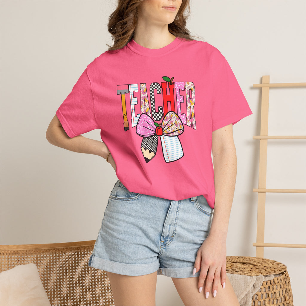 Teacher Graphic T-Shirt — Colorful Pencil & Bow Design