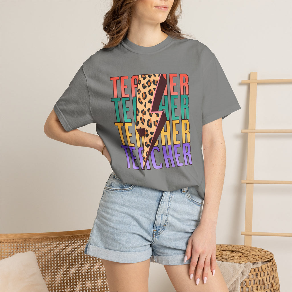 Teacher Lightning Bolt Leopard Print T‑Shirt — Colorful Retro Teacher Tee