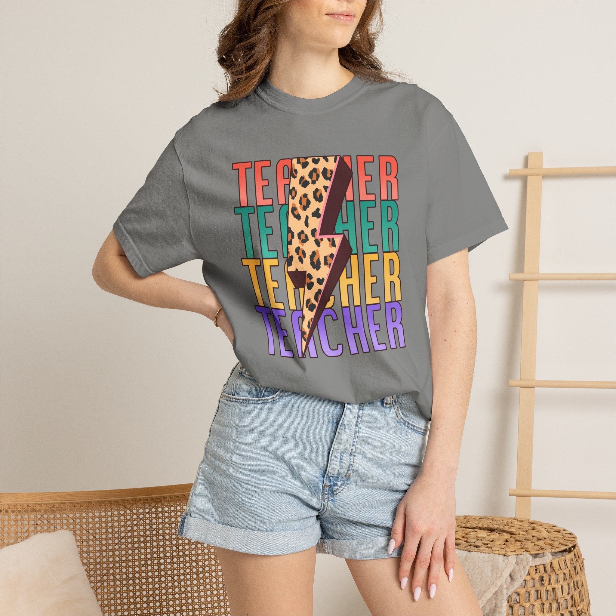 Teacher Lightning Bolt Leopard Print T‑Shirt — Colorful Retro Teacher Tee