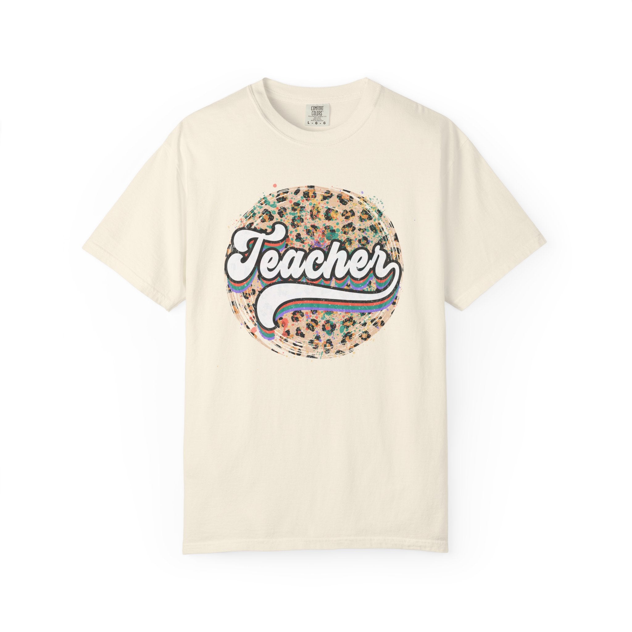 Teacher Leopard Circle T-Shirt — Retro Rainbow Script Tee for Educators