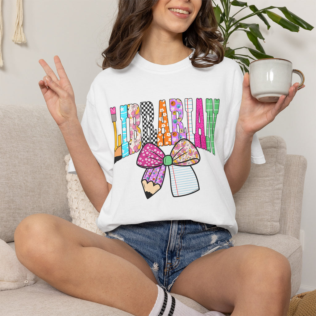 Librarian Graphic T‑Shirt — Colorful Bookish Bow Design
