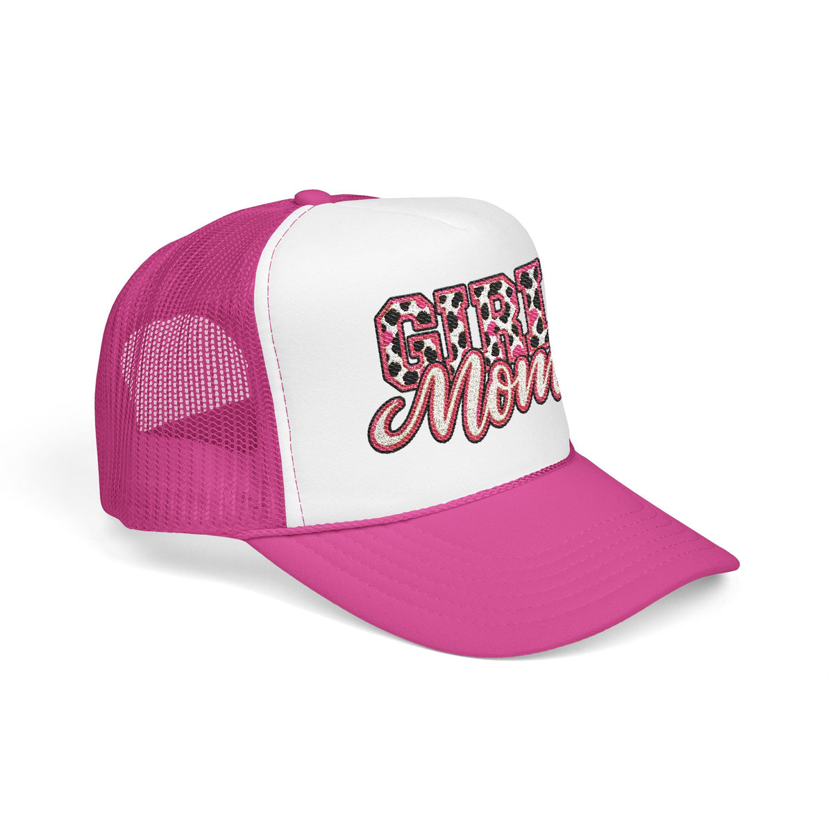 Girl Mom Leopard Foam Trucker Hat — Pink Glitter Script Mesh Cap
