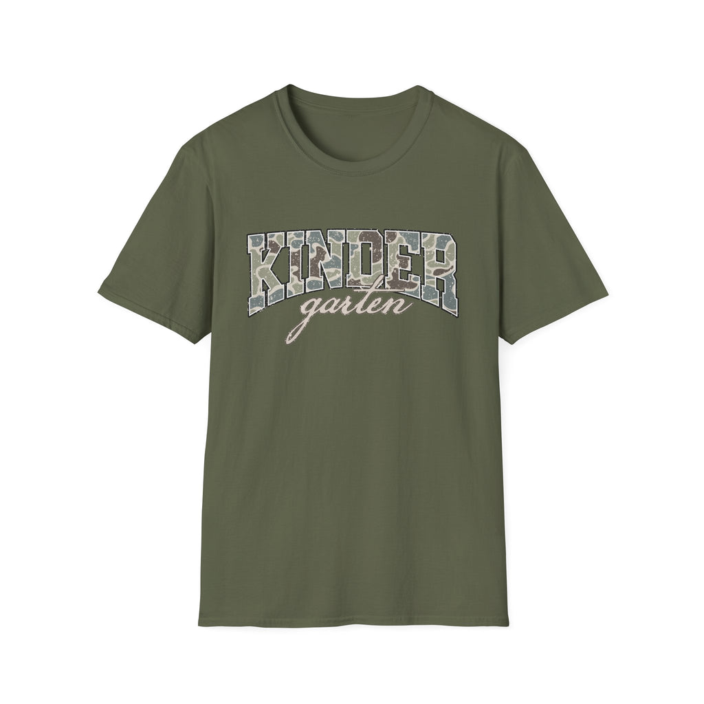 Kindergarten Camo T-Shirt — 'Kindergarten' Script & Camo Block Design
