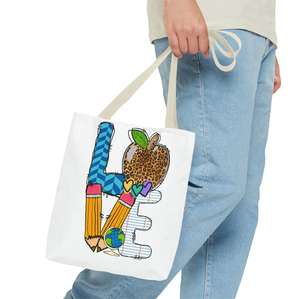 Love Teacher Tote Bag — Colorful School Apple & Pencil AOP Tote
