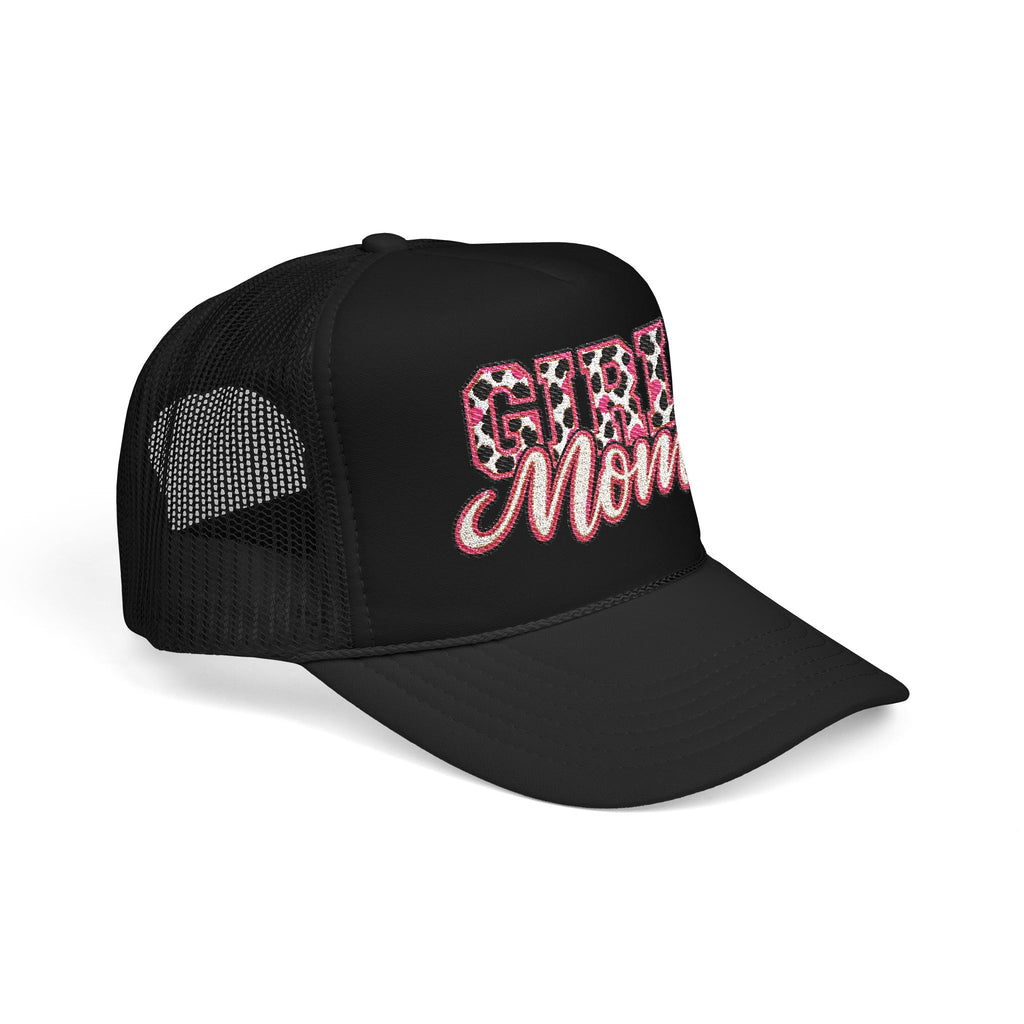 Girl Mom Leopard Foam Trucker Hat — Pink Glitter Script Mesh Cap
