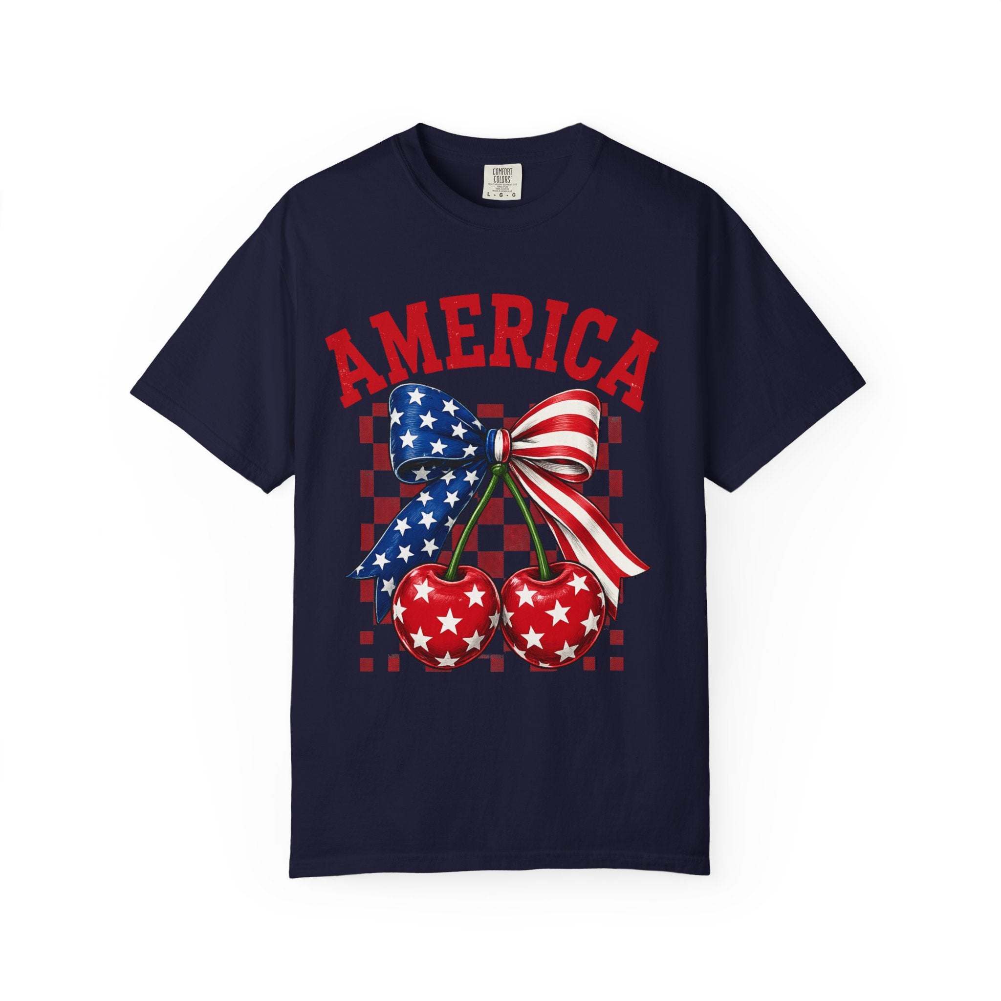 America Cherry Graphic T-Shirt — Patriotic Stars & Stripes Bow Tee