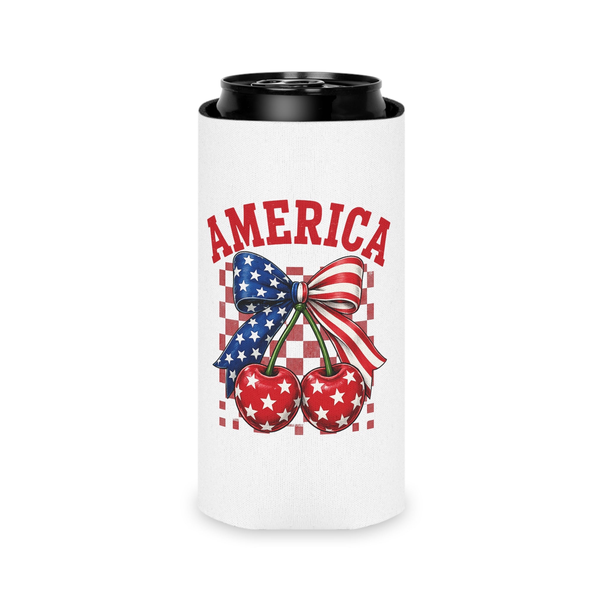Patriotic Cherry Can Cooler — "America" Stars & Stripes Drink Cozy