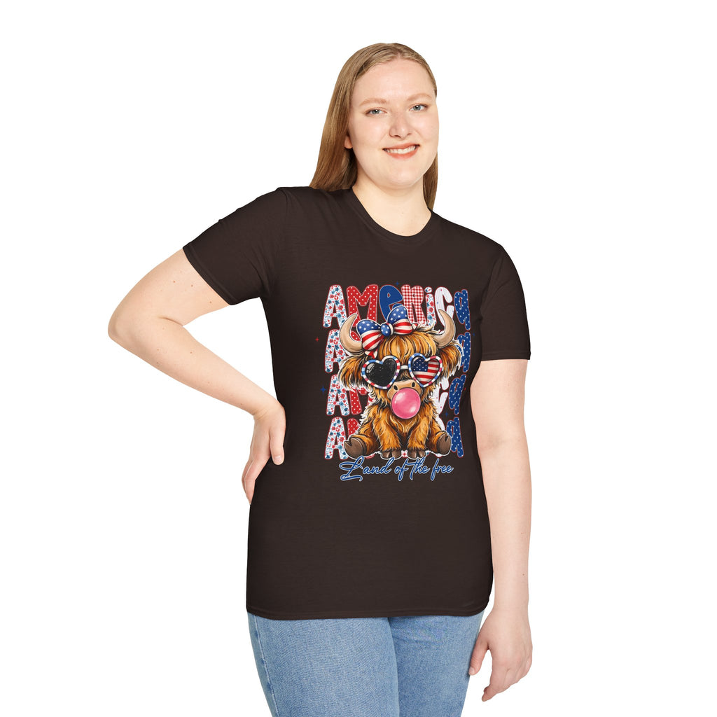 Patriotic Highland Cow T-Shirt — 'Land of the Free' 4th of July Tee