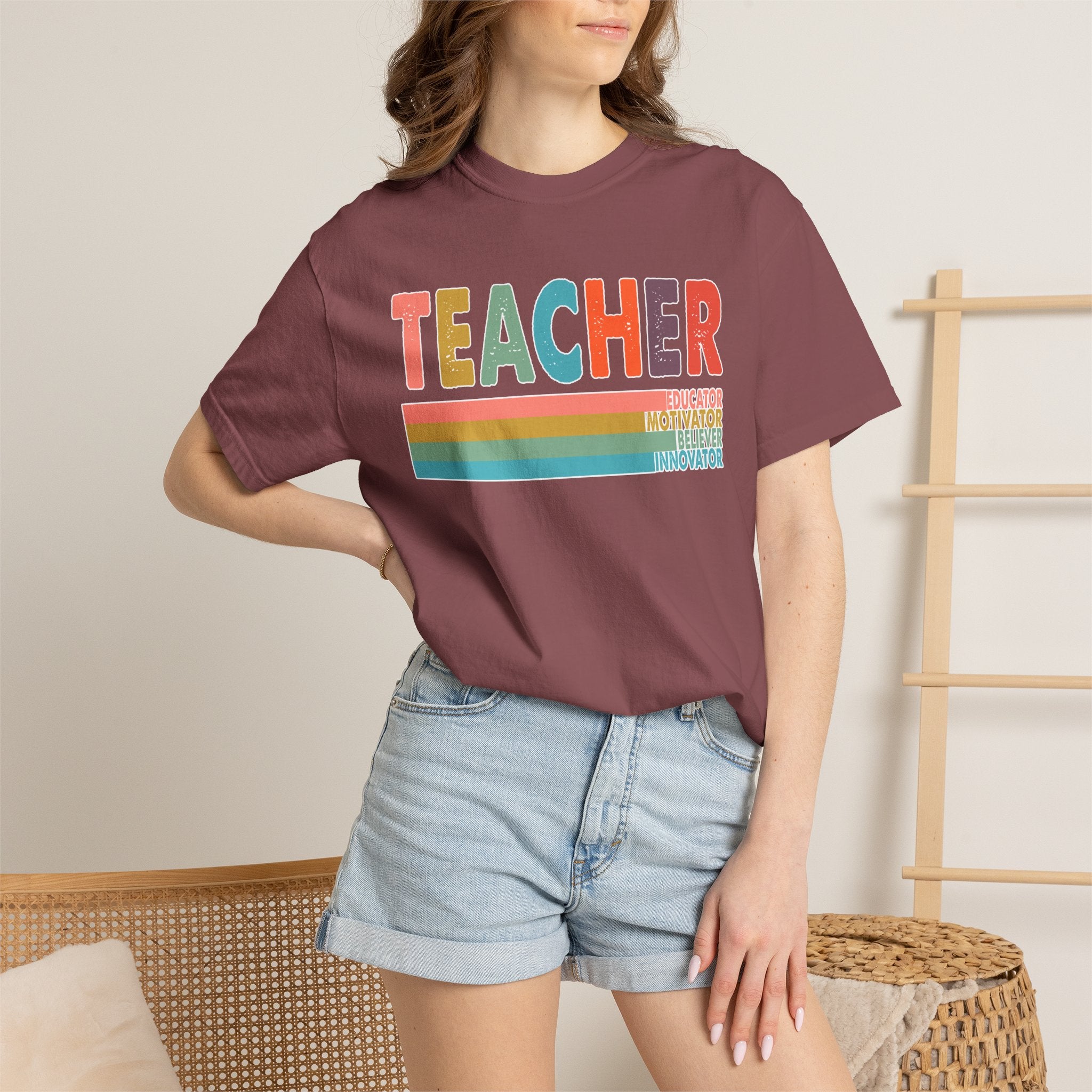 Teacher Rainbow Stripes T-Shirt — Retro Colorful Educator Tee