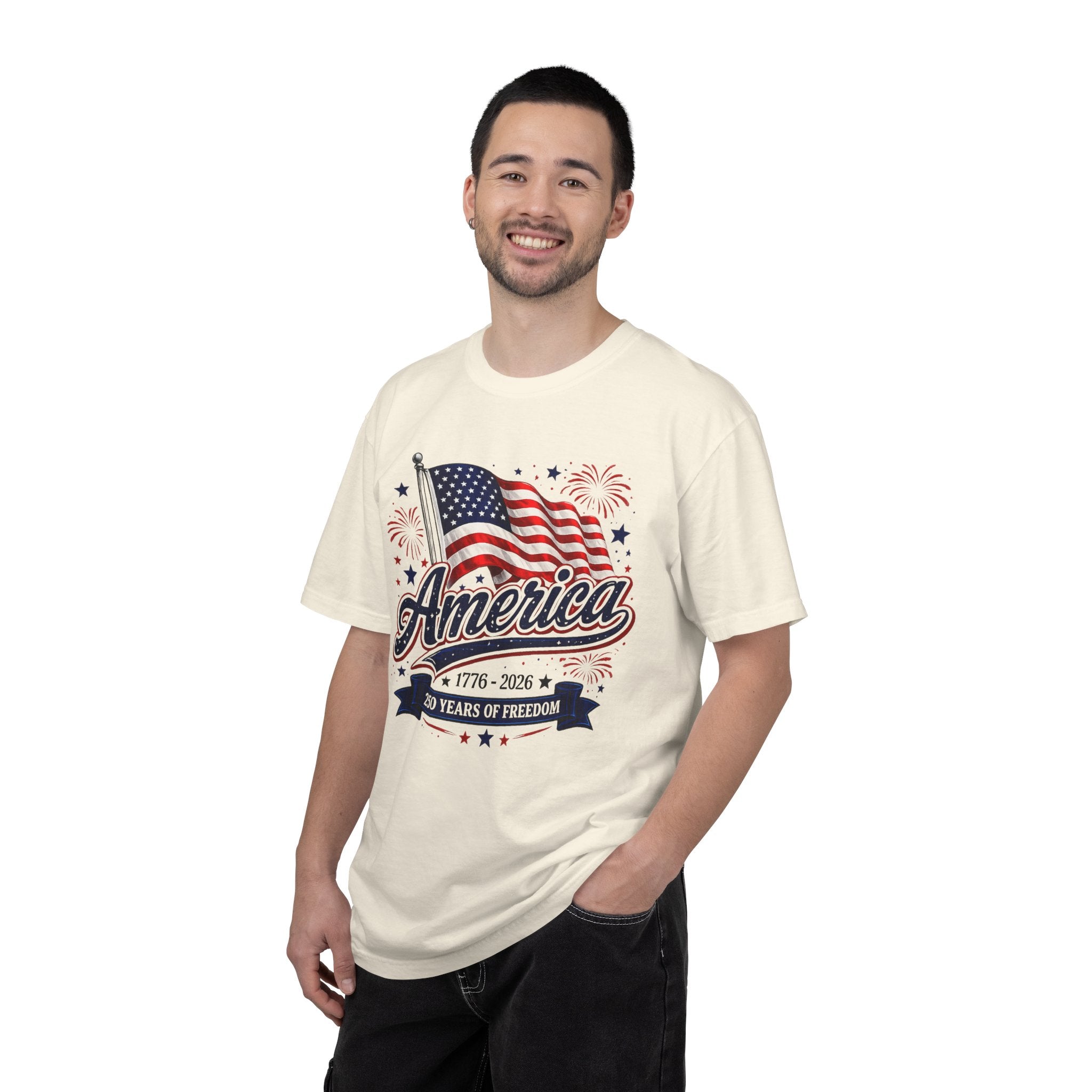America 250th Anniversary T-Shirt — "America" Flag & Fireworks 1776–2026