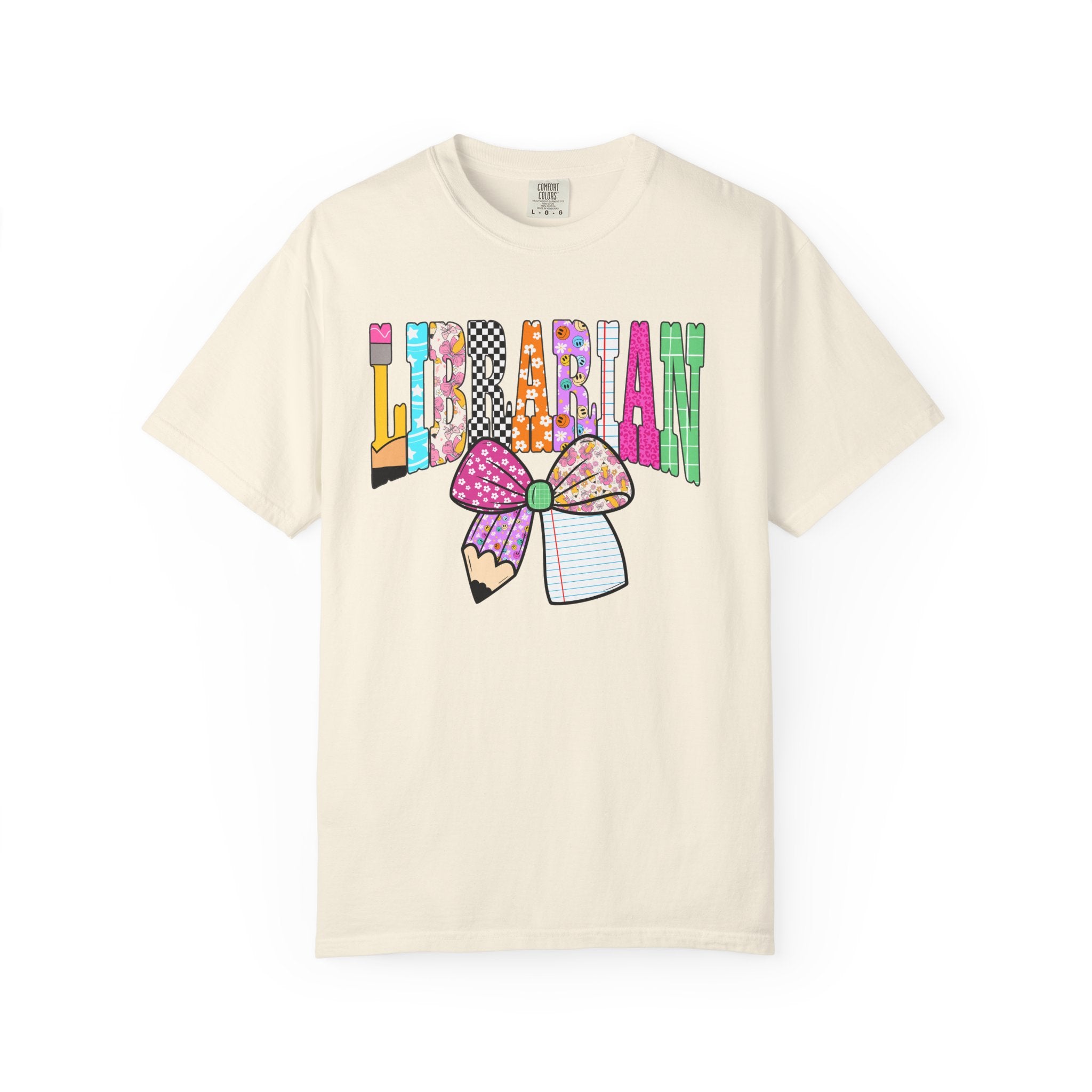Librarian Graphic T‑Shirt — Colorful Bookish Bow Design