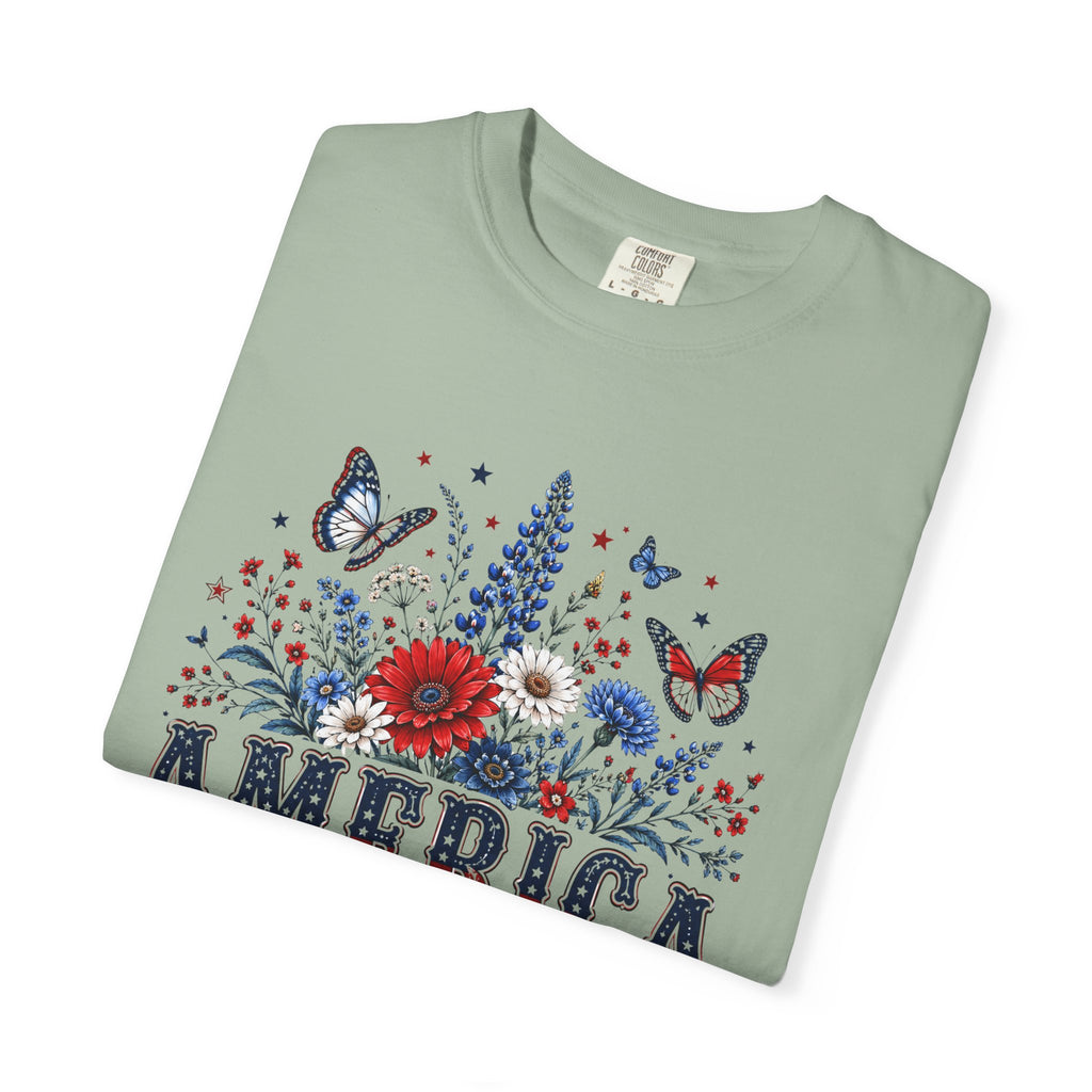 America 250th Birthday T-Shirt — Patriotic Floral July 4th Tee