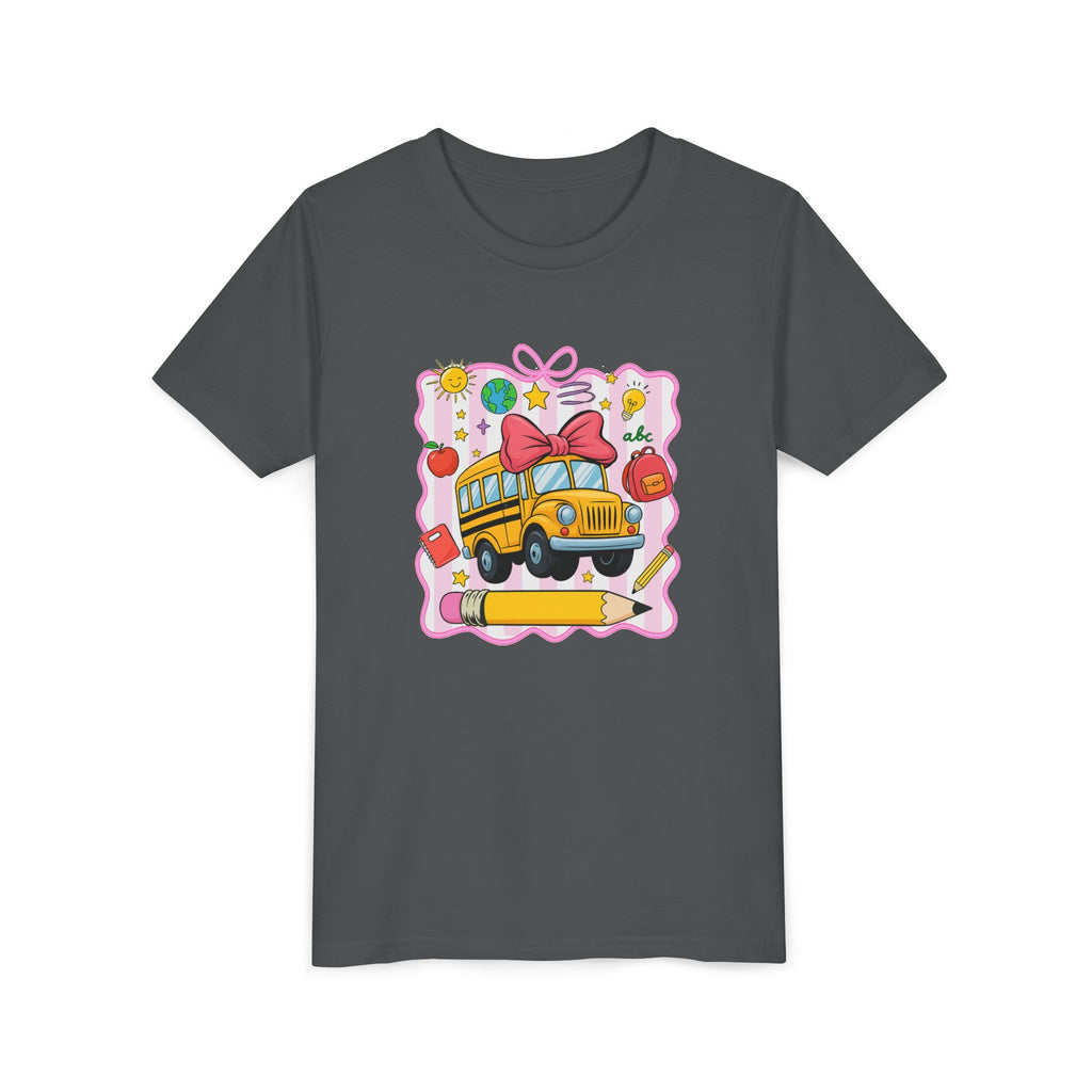 Youth Tee — Cute School Bus Back to School Kids Shirt (Pencil, Apple, Sun)