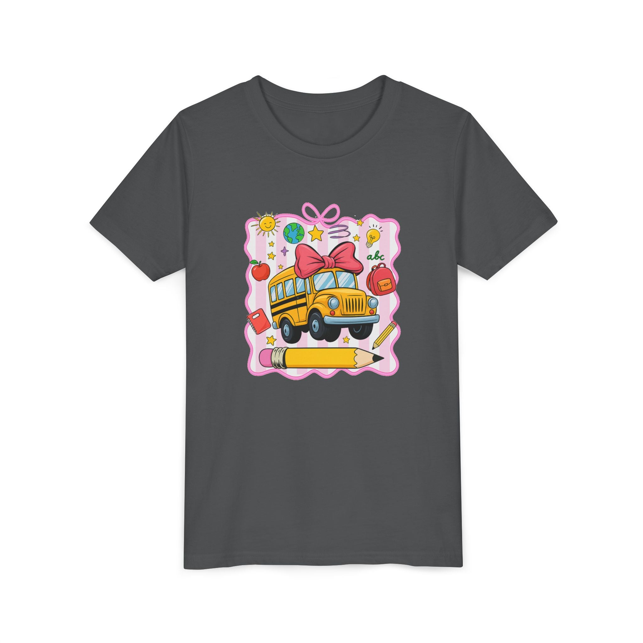 Youth Tee — Cute School Bus Back to School Kids Shirt (Pencil, Apple, Sun)
