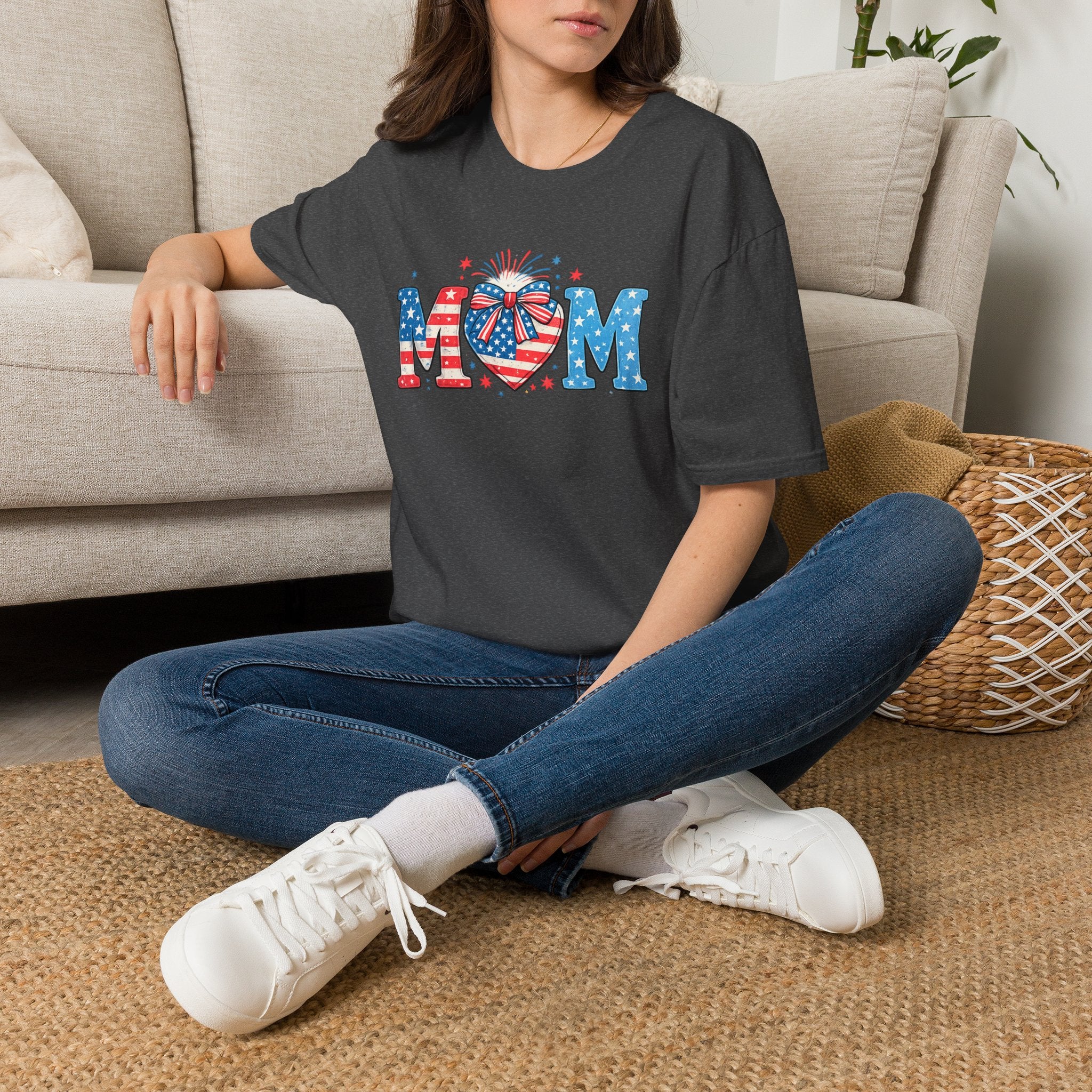 Patriotic MOM T-Shirt — Stars & Stripes Heart Design (Fourth of July / Mother's Day)