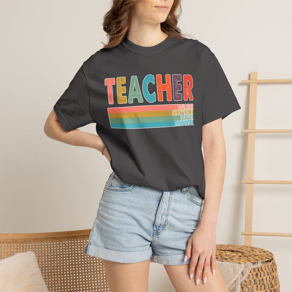Teacher Rainbow Stripes T-Shirt — Retro Colorful Educator Tee