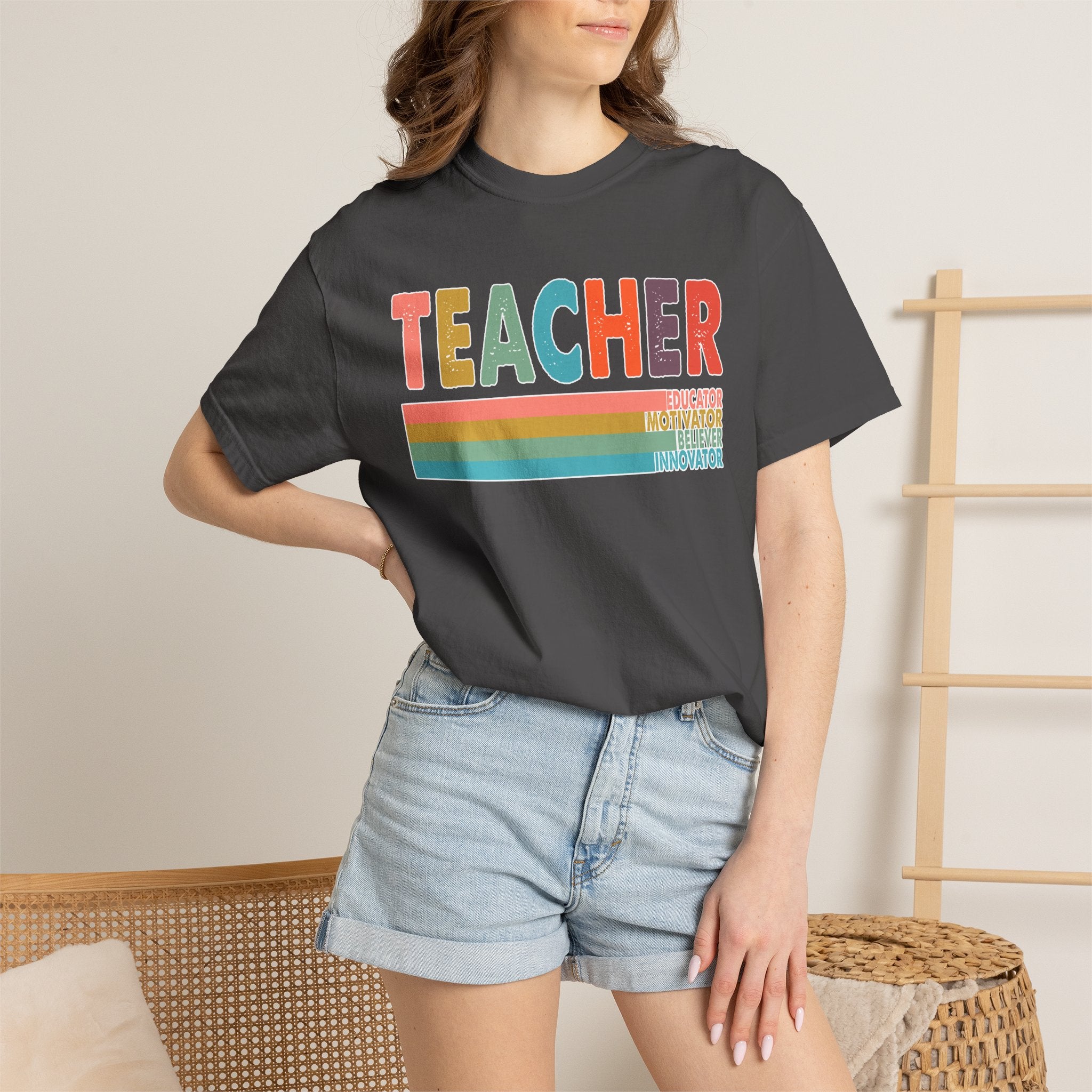 Teacher Rainbow Stripes T-Shirt — Retro Colorful Educator Tee