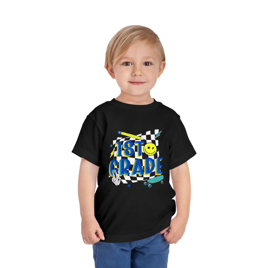 1st Grade Toddler Tee - Back-to-School Smile Skateboard Design
