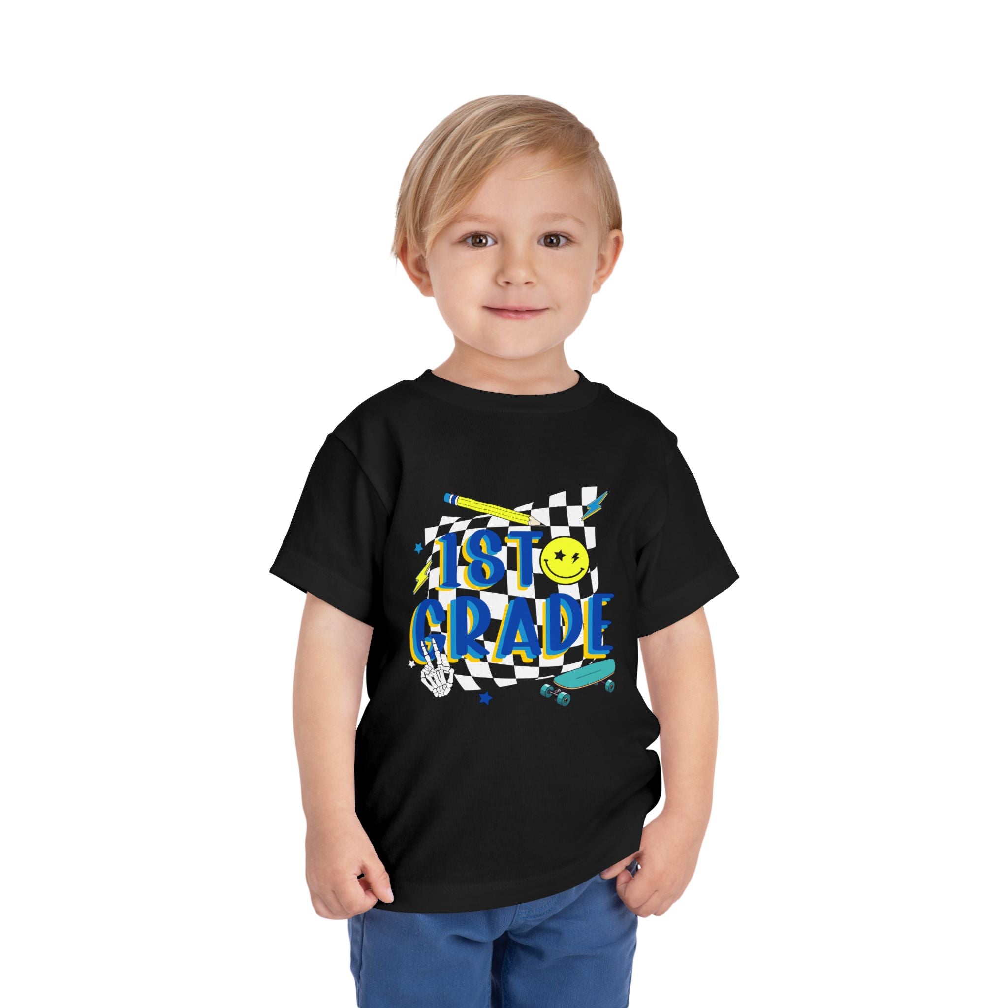 1st Grade Toddler Tee - Back-to-School Smile Skateboard Design