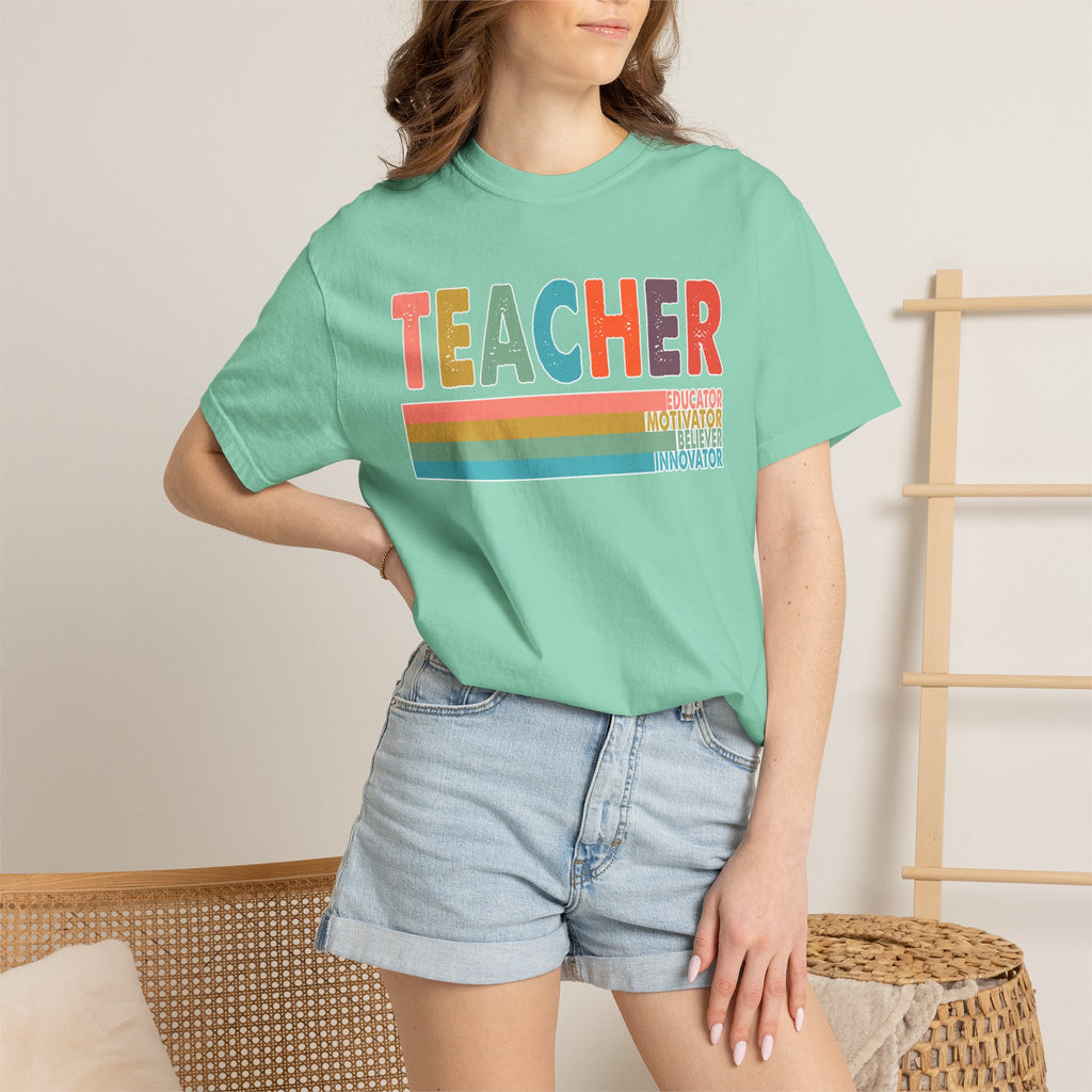 Teacher Rainbow Stripes T-Shirt — Retro Colorful Educator Tee