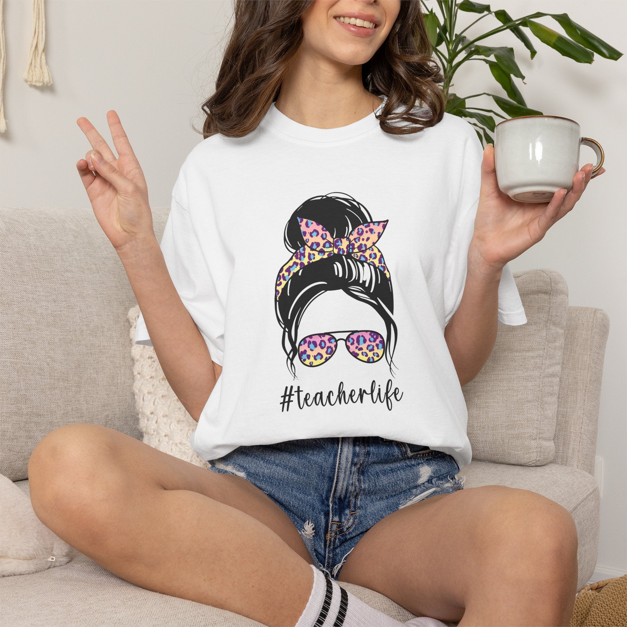 Teacher Life Floral Messy Bun T-Shirt