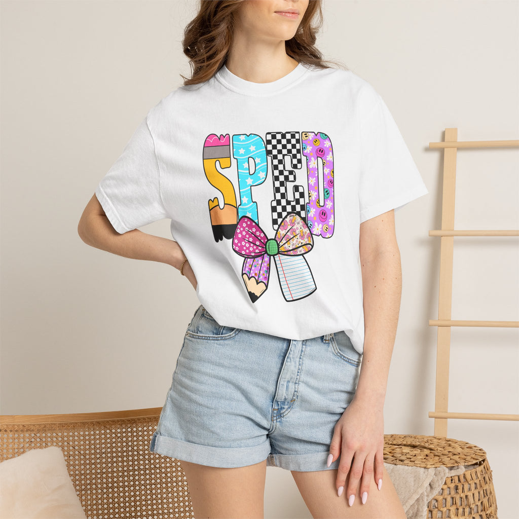 Spring Pencil Bow T-Shirt — Cute Colorful 'SPRING' Graphic Tee