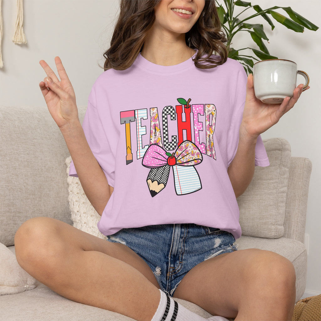 Teacher Graphic T-Shirt — Colorful Pencil & Bow Design