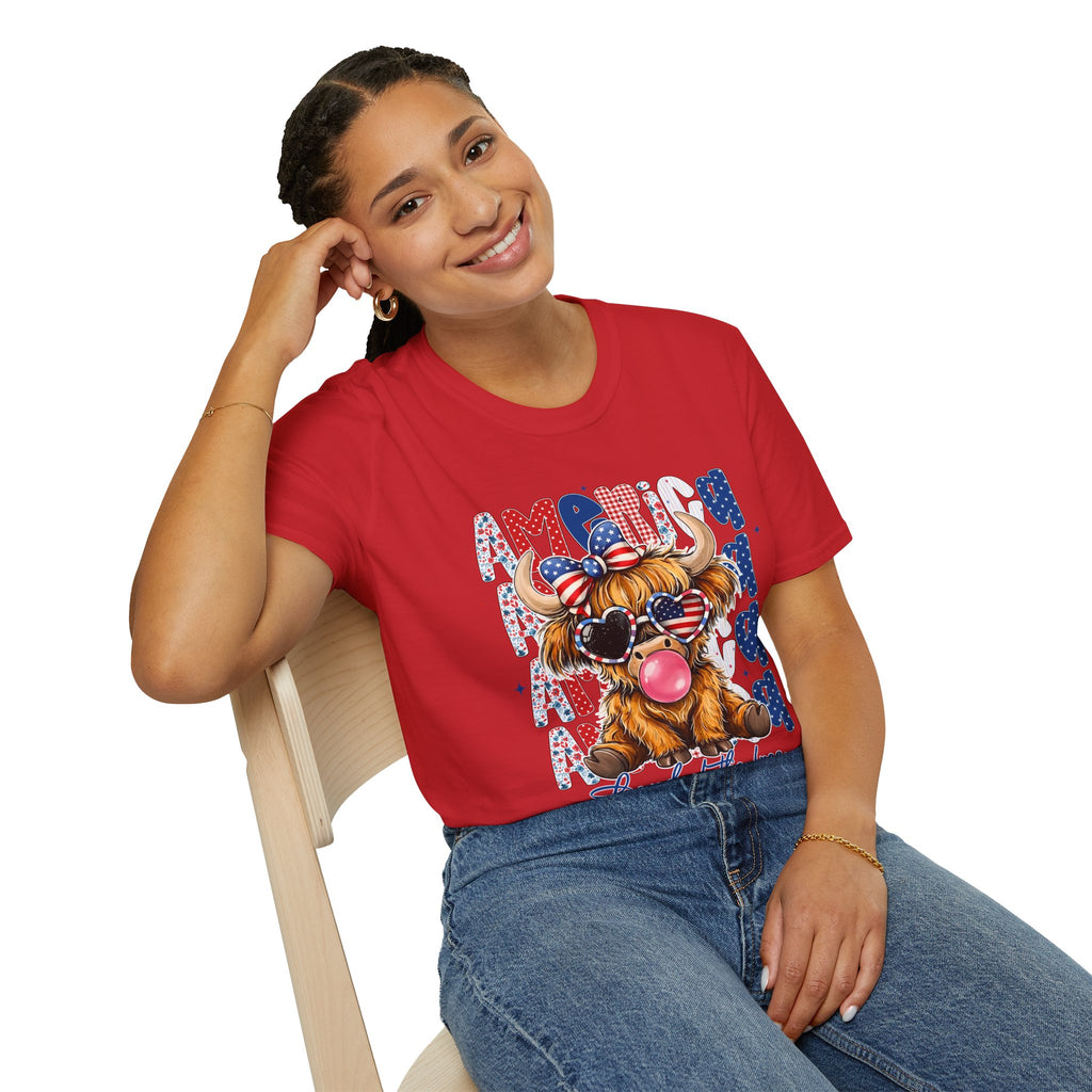 Patriotic Highland Cow T-Shirt — 'Land of the Free' 4th of July Tee