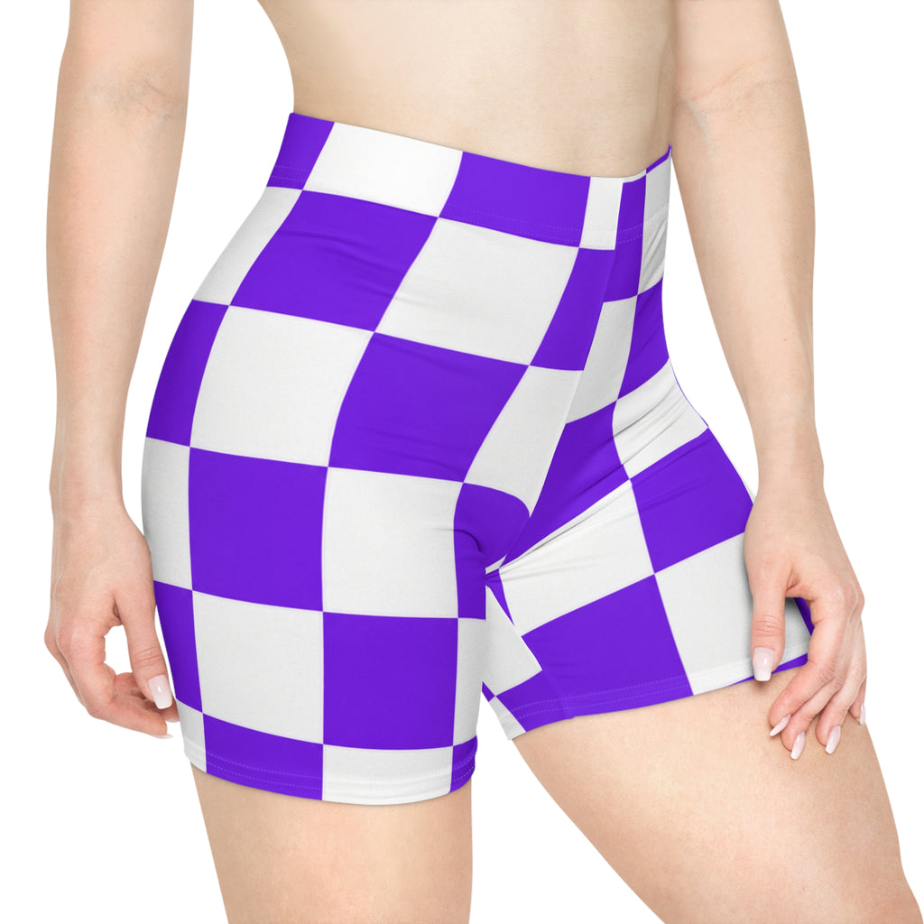 Purple Checkered Biker Shorts — Women's Retro Racing Style