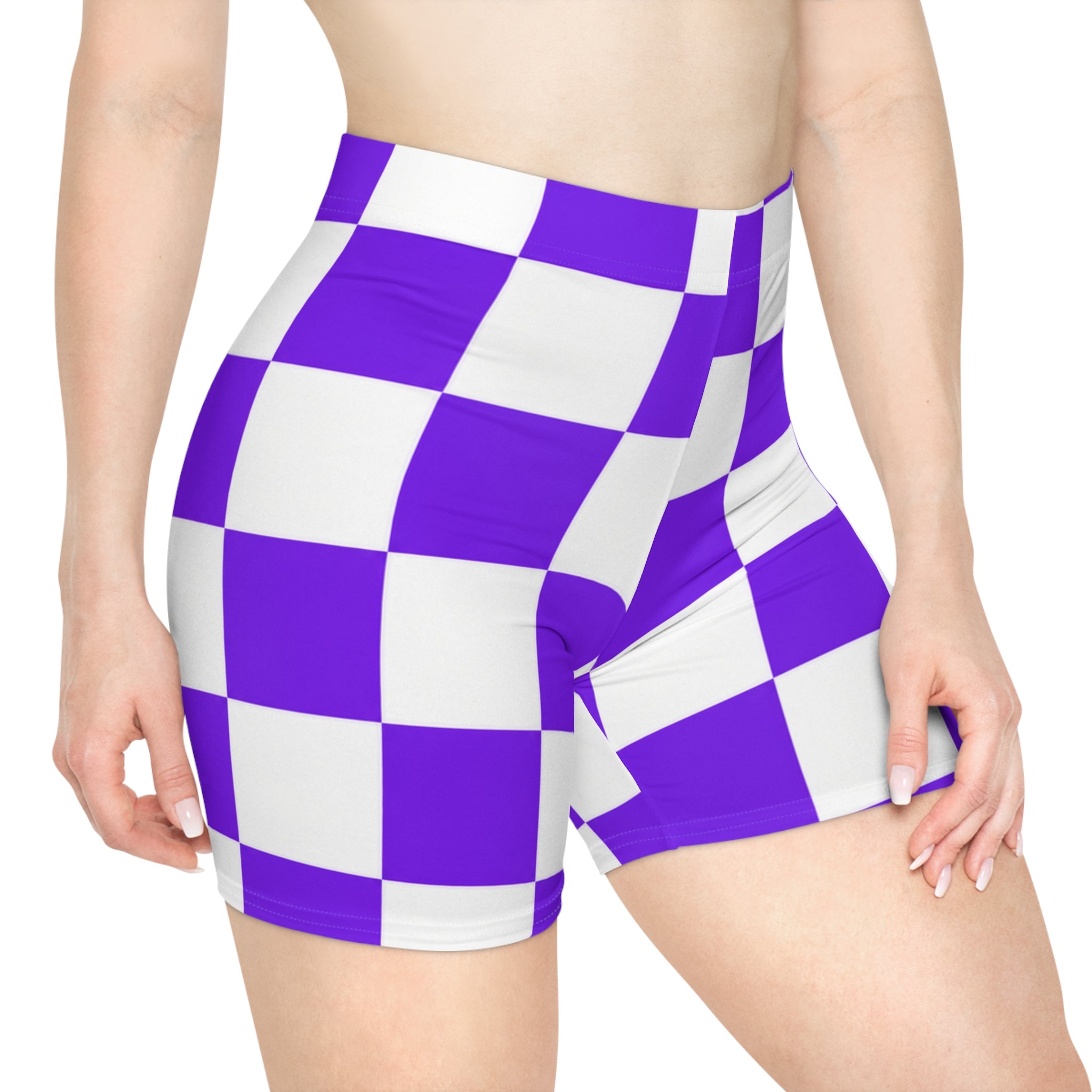 Purple Checkered Biker Shorts — Women's Retro Racing Style