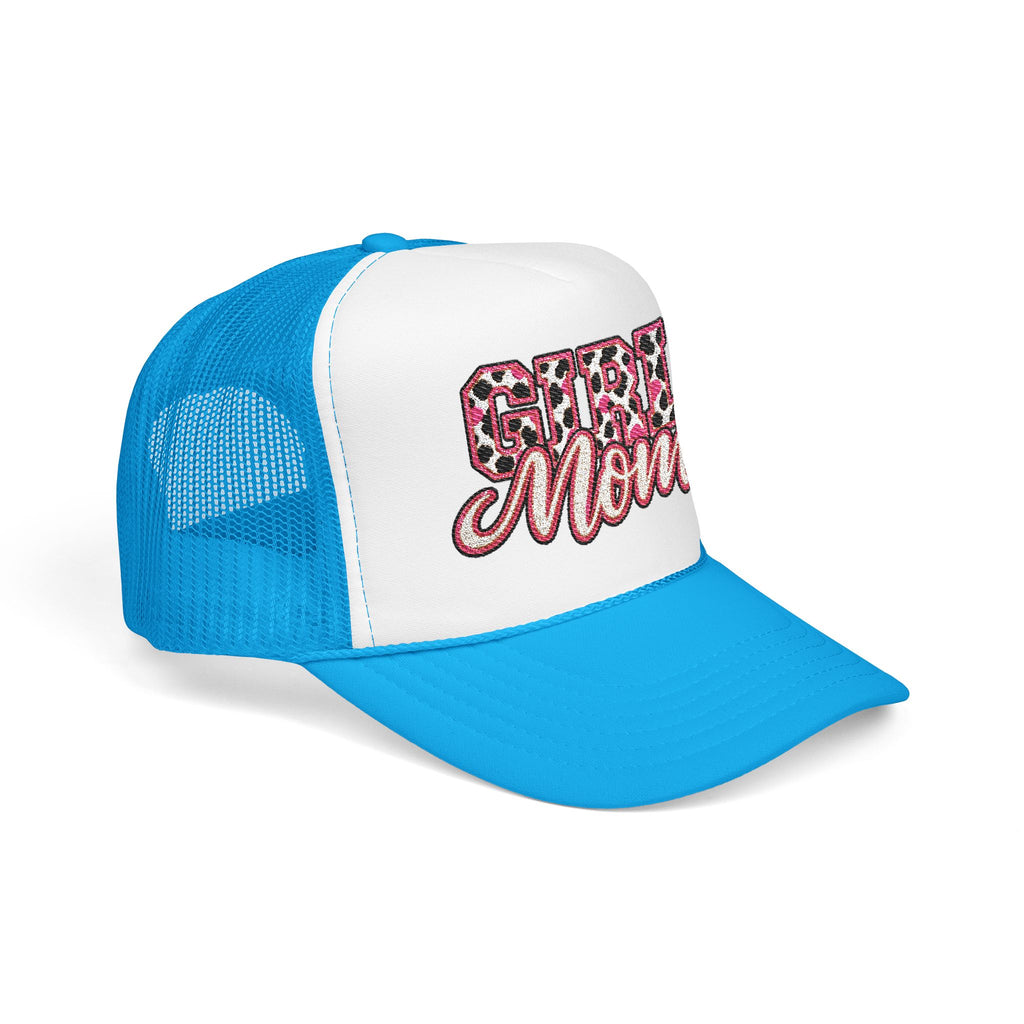 Girl Mom Leopard Foam Trucker Hat — Pink Glitter Script Mesh Cap