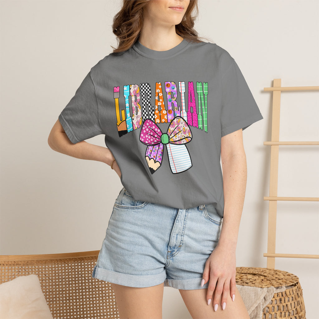 Librarian Graphic T‑Shirt — Colorful Bookish Bow Design