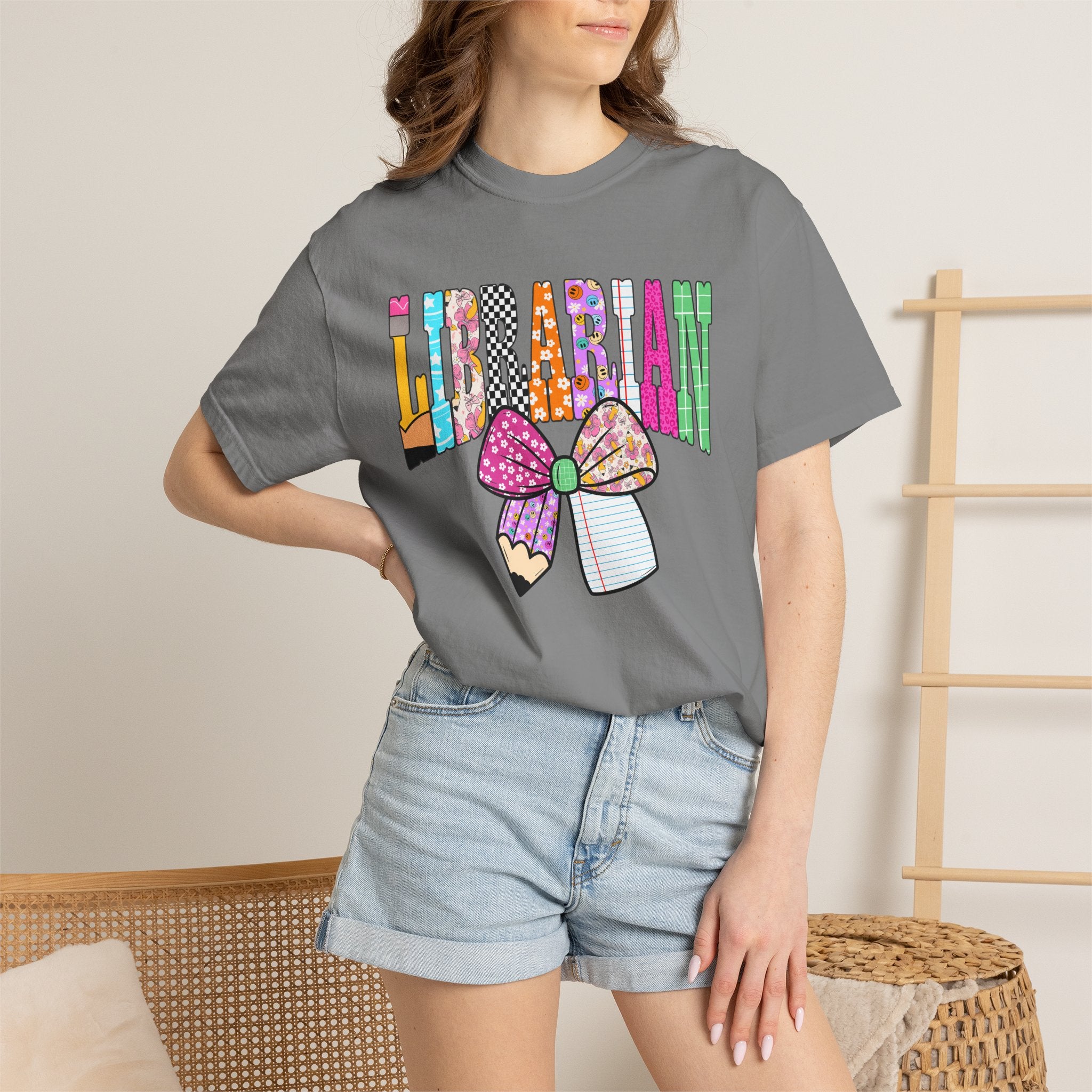 Librarian Graphic T‑Shirt — Colorful Bookish Bow Design