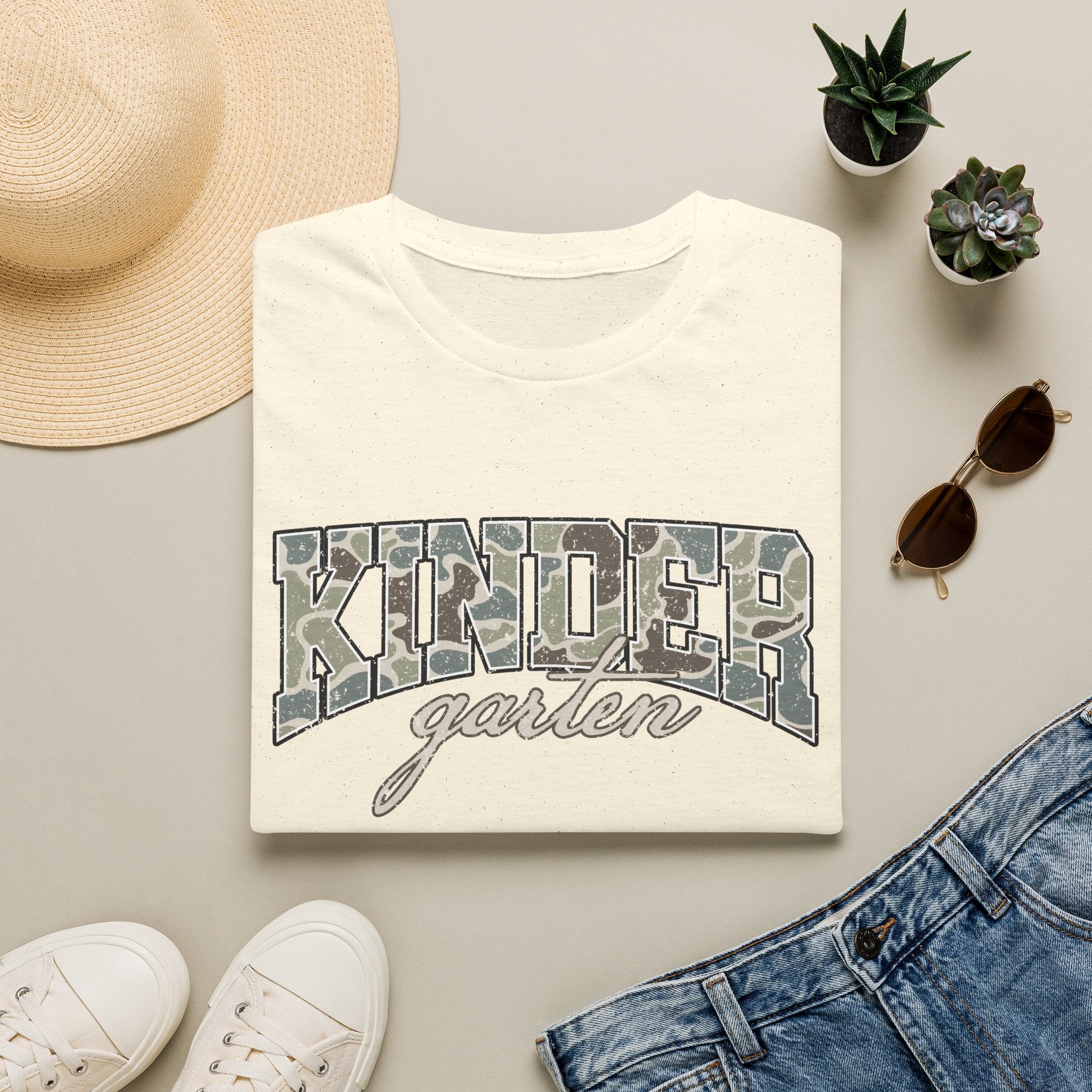 Kindergarten Camo T-Shirt — 'Kindergarten' Script & Camo Block Design