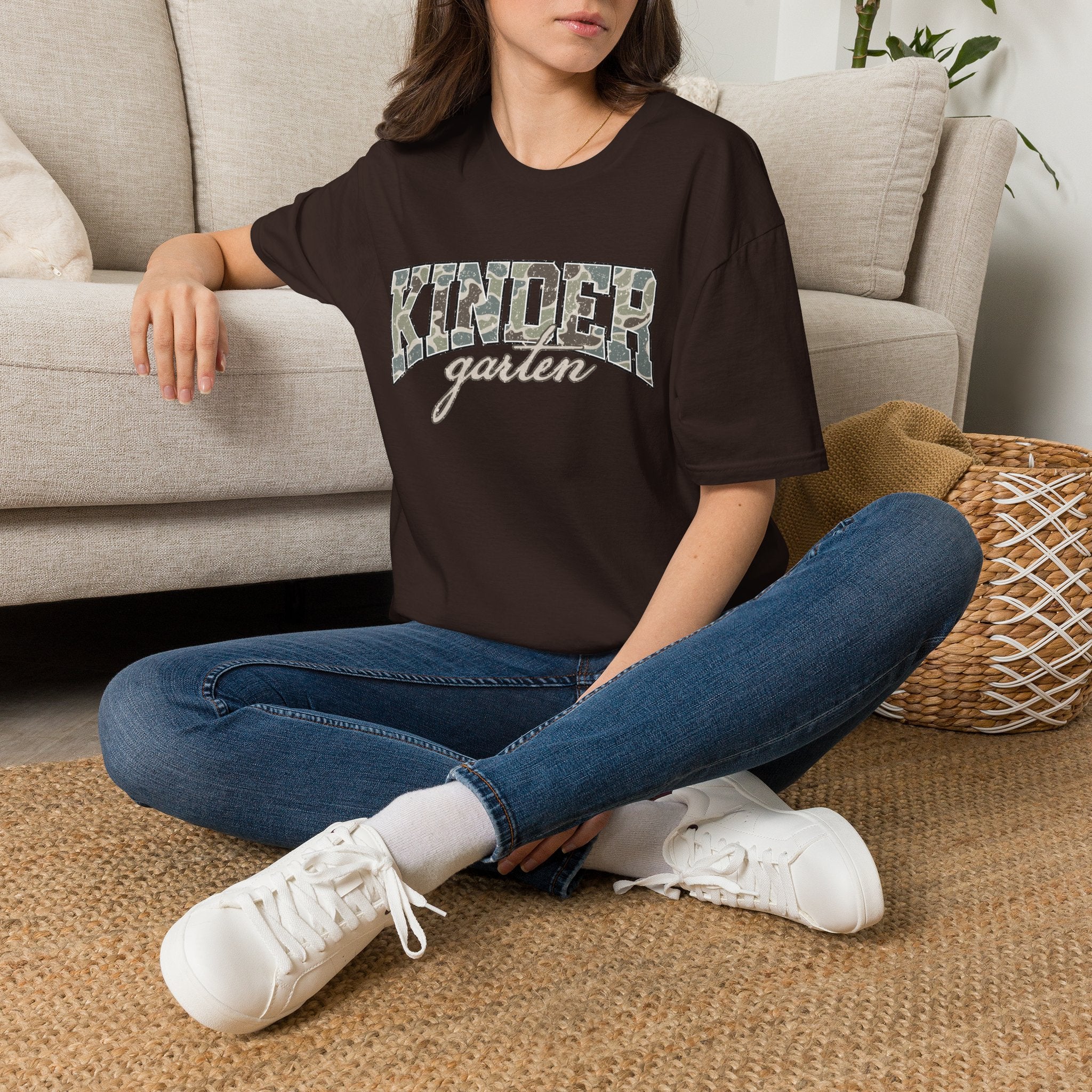 Kindergarten Camo T-Shirt — 'Kindergarten' Script & Camo Block Design
