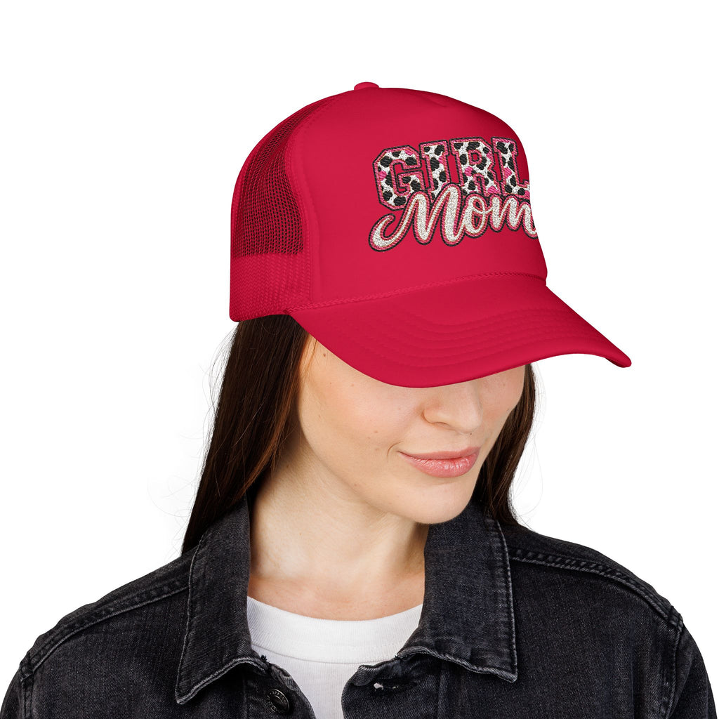 Girl Mom Leopard Foam Trucker Hat — Pink Glitter Script Mesh Cap