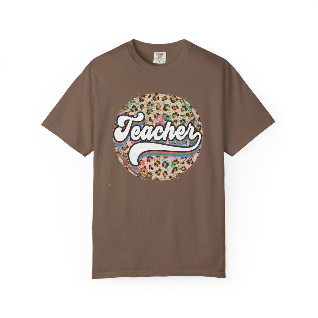 Teacher Leopard Circle T-Shirt — Retro Rainbow Script Tee for Educators