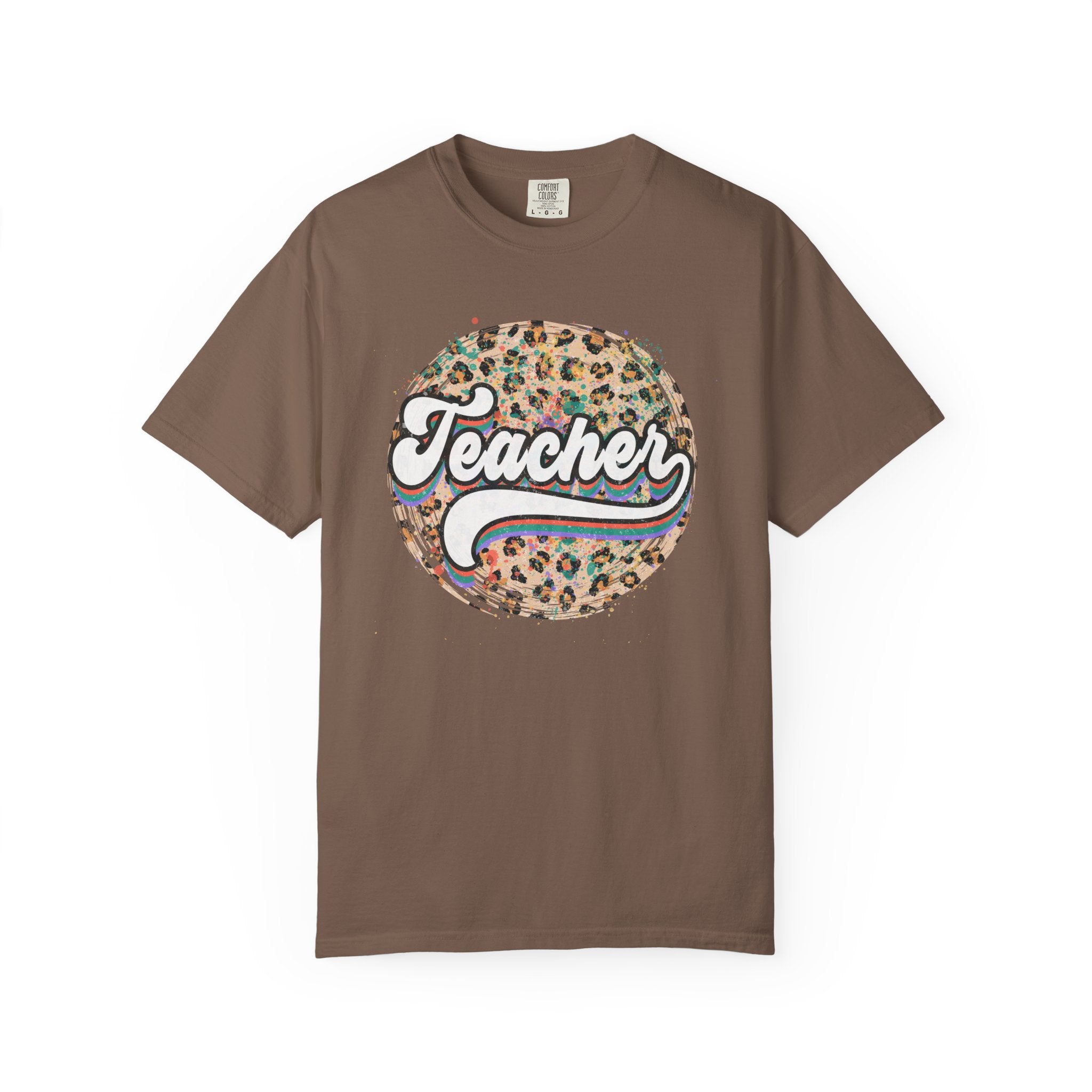 Teacher Leopard Circle T-Shirt — Retro Rainbow Script Tee for Educators
