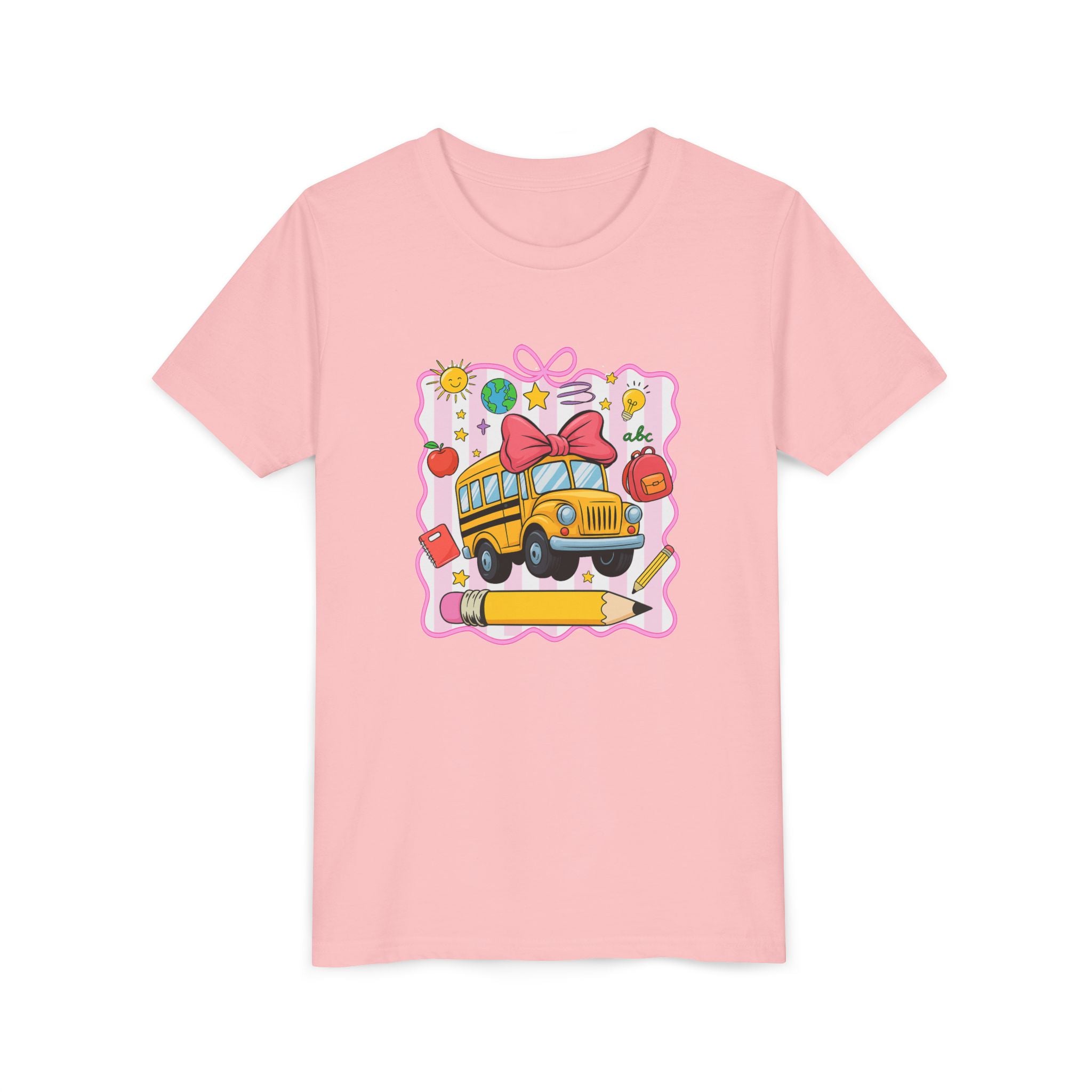 Youth Tee — Cute School Bus Back to School Kids Shirt (Pencil, Apple, Sun)