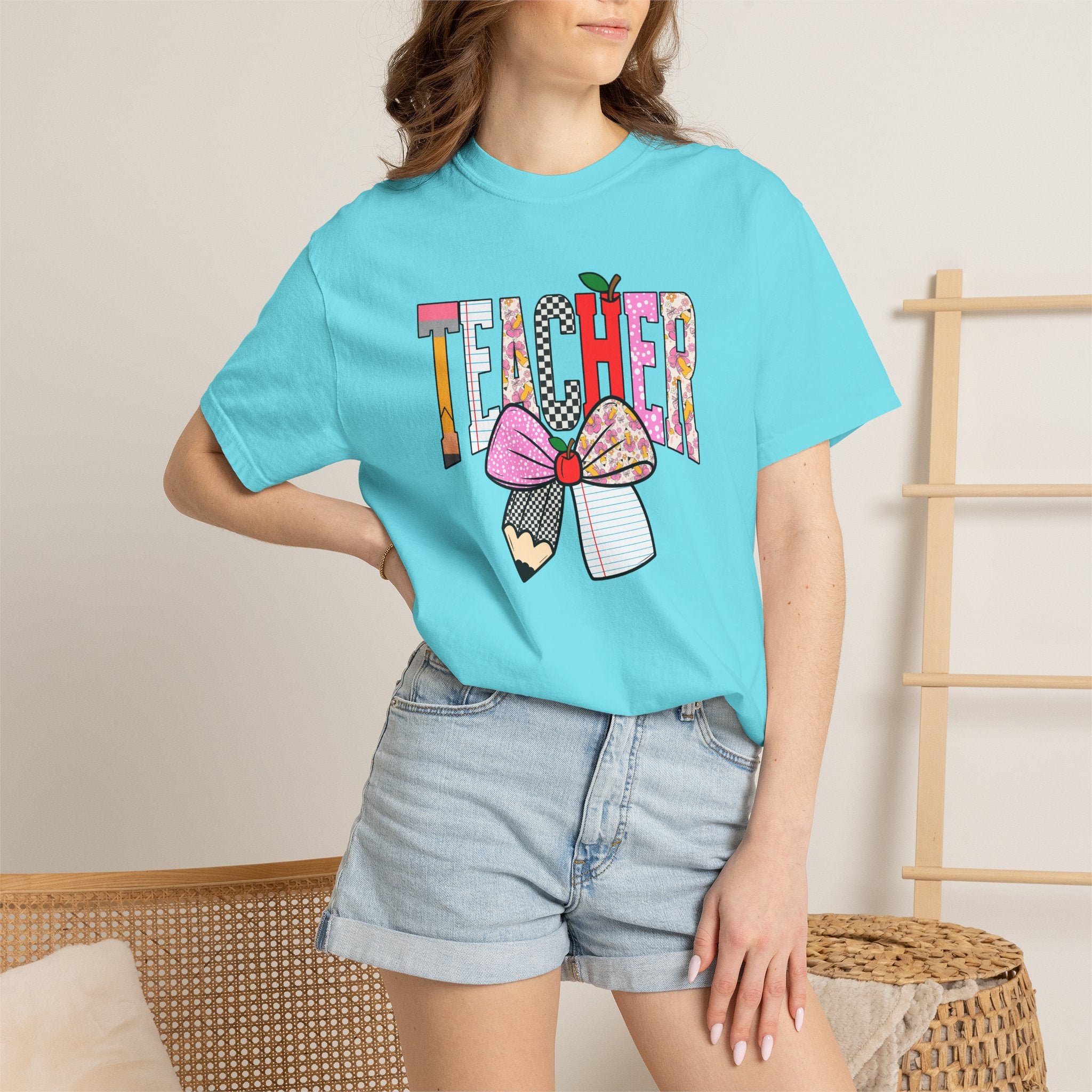 Teacher Graphic T-Shirt — Colorful Pencil & Bow Design