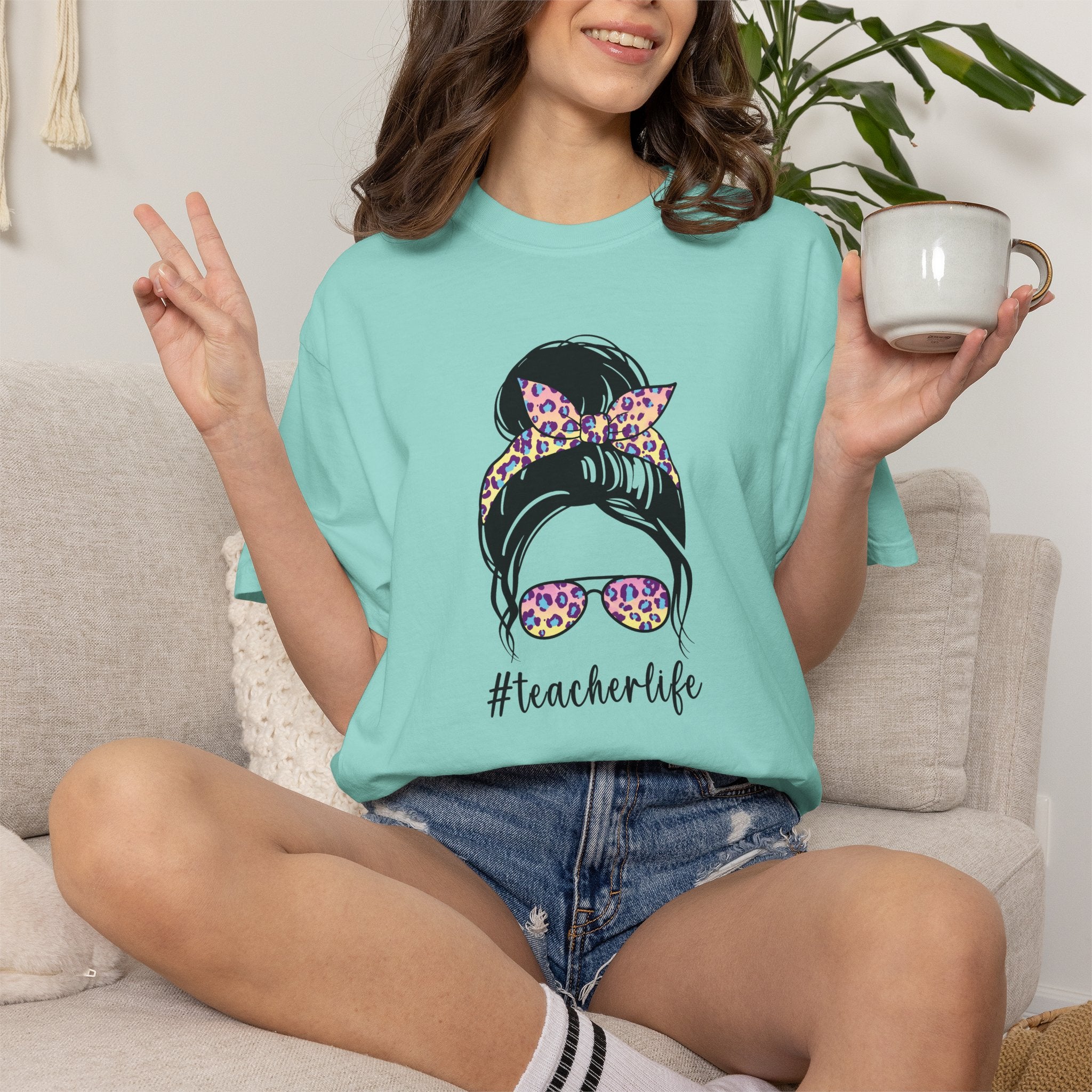 Teacher Life Floral Messy Bun T-Shirt