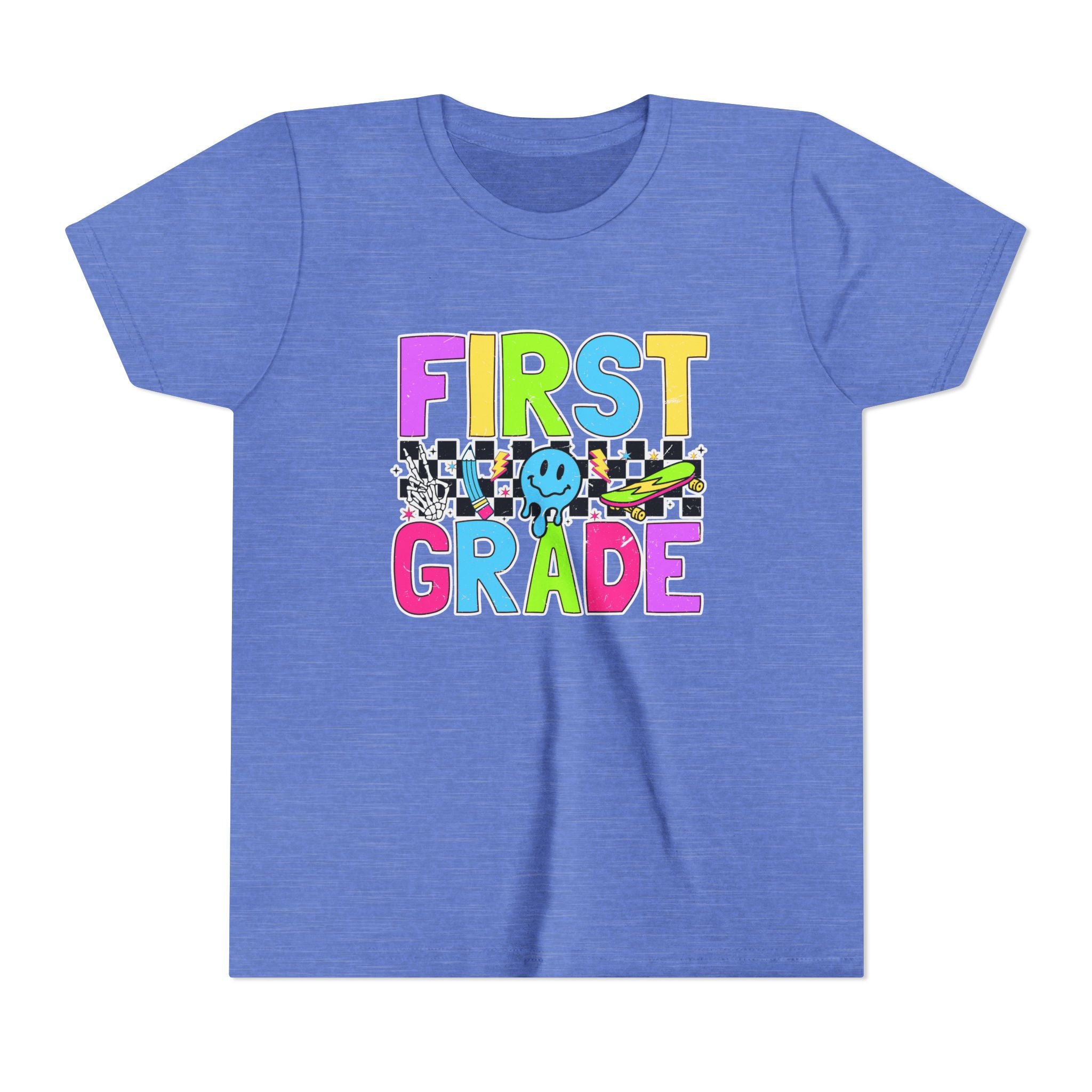 First Grade Youth T‑Shirt — Colorful Checkerboard Smile Back‑to‑School Tee