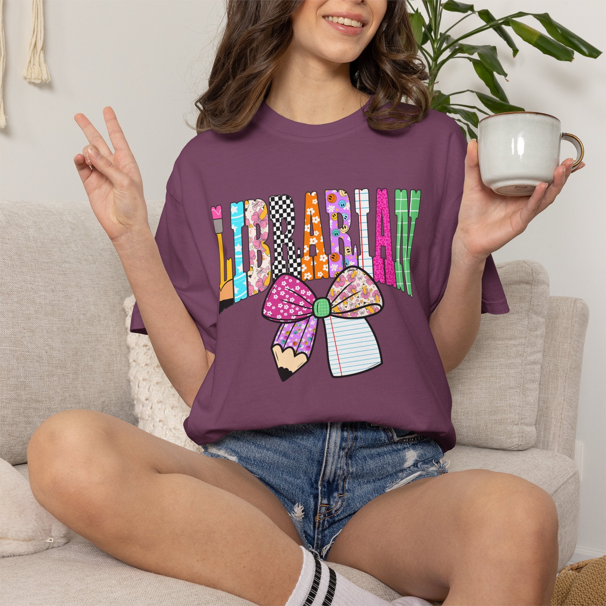 Librarian Graphic T‑Shirt — Colorful Bookish Bow Design