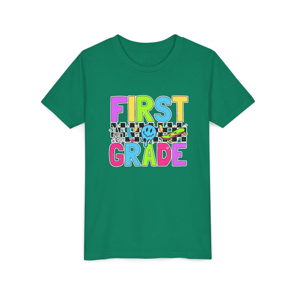 First Grade Youth T‑Shirt — Colorful Checkerboard Smile Back‑to‑School Tee