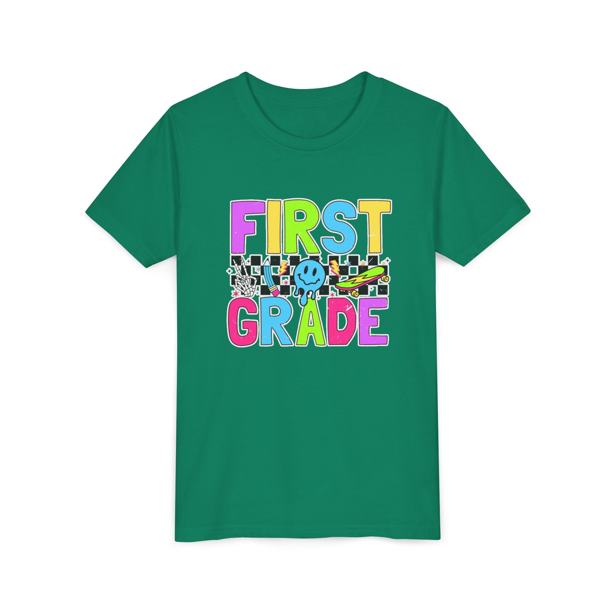 First Grade Youth T‑Shirt — Colorful Checkerboard Smile Back‑to‑School Tee