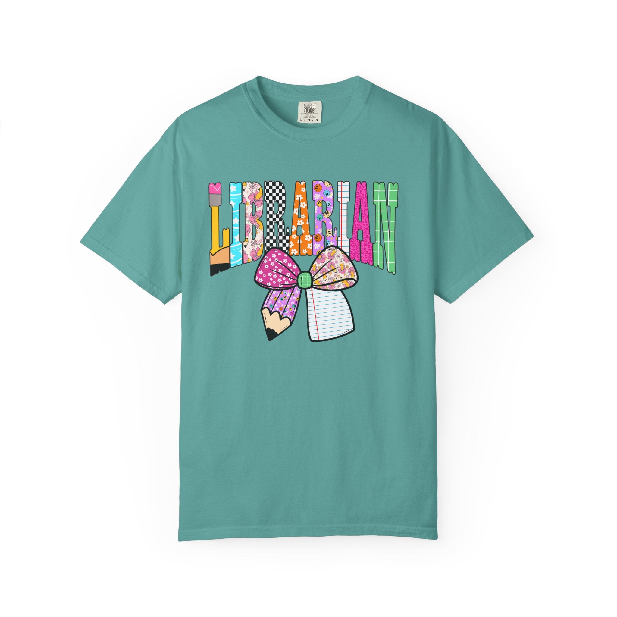Librarian Graphic T‑Shirt — Colorful Bookish Bow Design